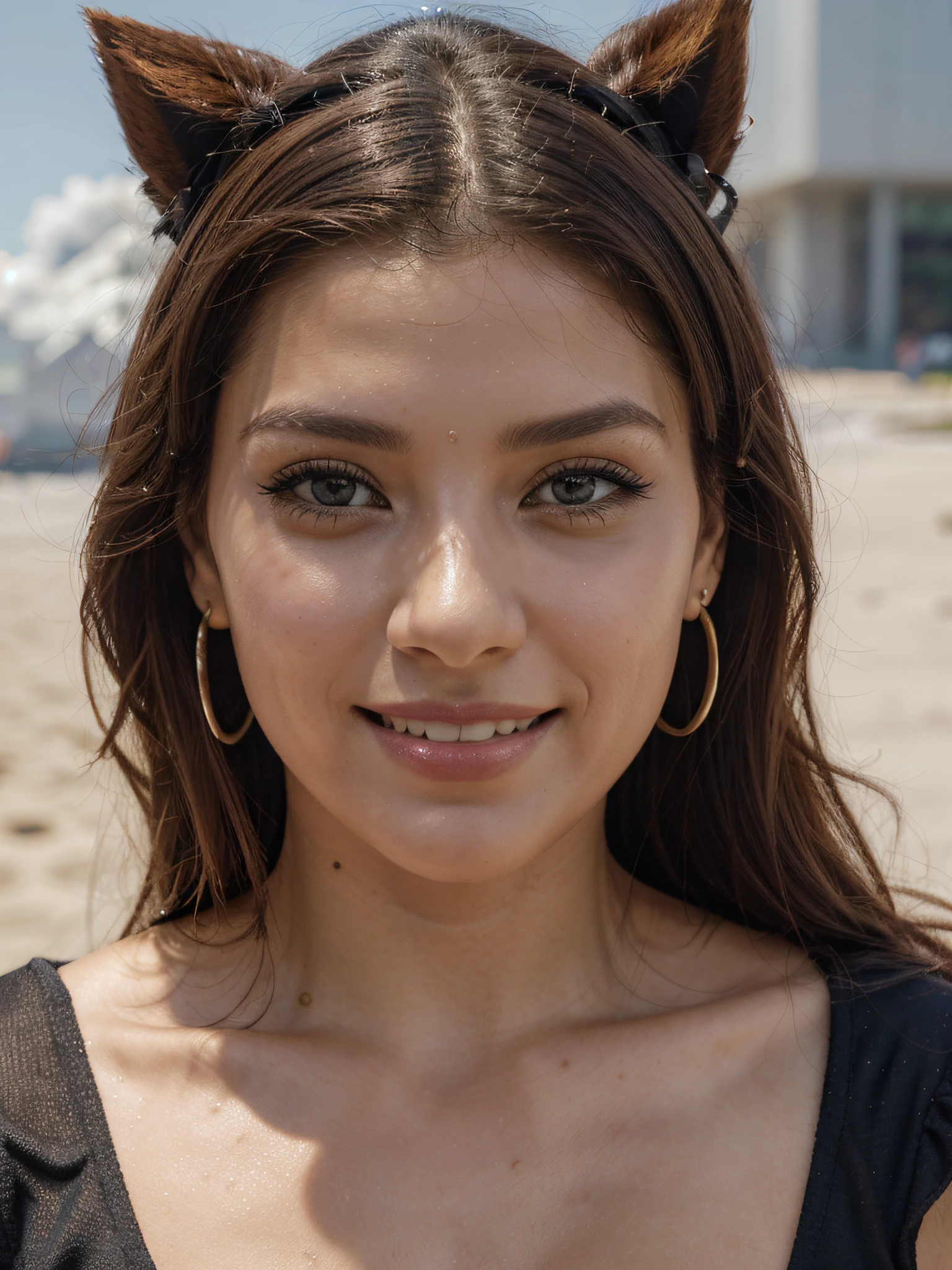 ((melhor qualidade, 8k, obra-prima: 1.3)), clear: 1.2, beleza corporal perfeita: 1.4, abdomen esbelto: 0.2, ((penteado em camadas, seios grandes: 1.2)), (vestido preto, Sun, , decote revelador), (in the background city: 1.2), texturas faciais e da pele altamente detalhadas, olhos detalhados, 二重まぶた, cabelos castanhos longo, ,pursed lips, red lips,black hair, wince, longeyelashes, fake animal ears, light smile,drop shadow, pov, atmospheric perspective, super detail, city, Mikayla Demaiter