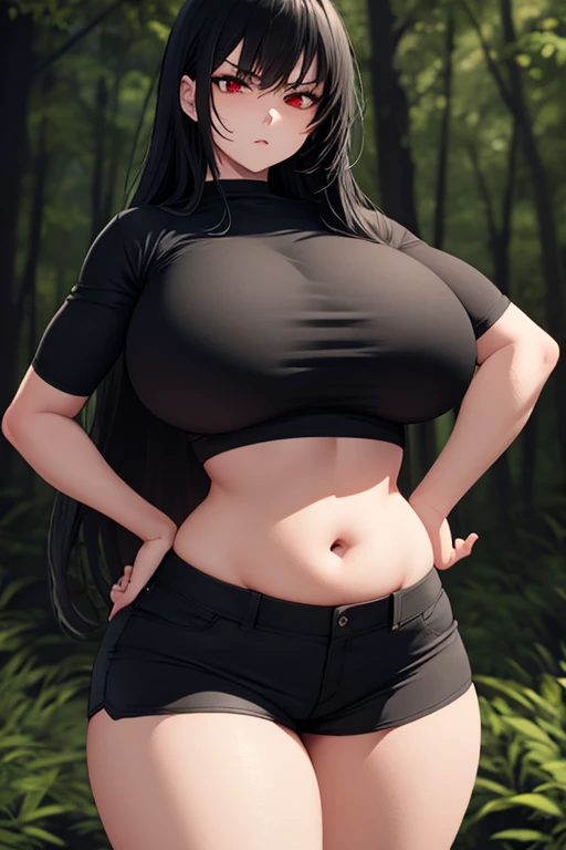 Masterpiece, best quality, 1 girl, long hair, big bust, ((Black Hair)), ((long hair)),((Black crop top)),Black Tight Shorts,Sexy,Sensual,Red eyes,Serious, emotionless, adult woman, seductive, hands on hips, ((chubby body)), ((Nice Thighs, Huge Boobs, Huge Breasts)), night forest background, looking angrily at you, holding a red katana.