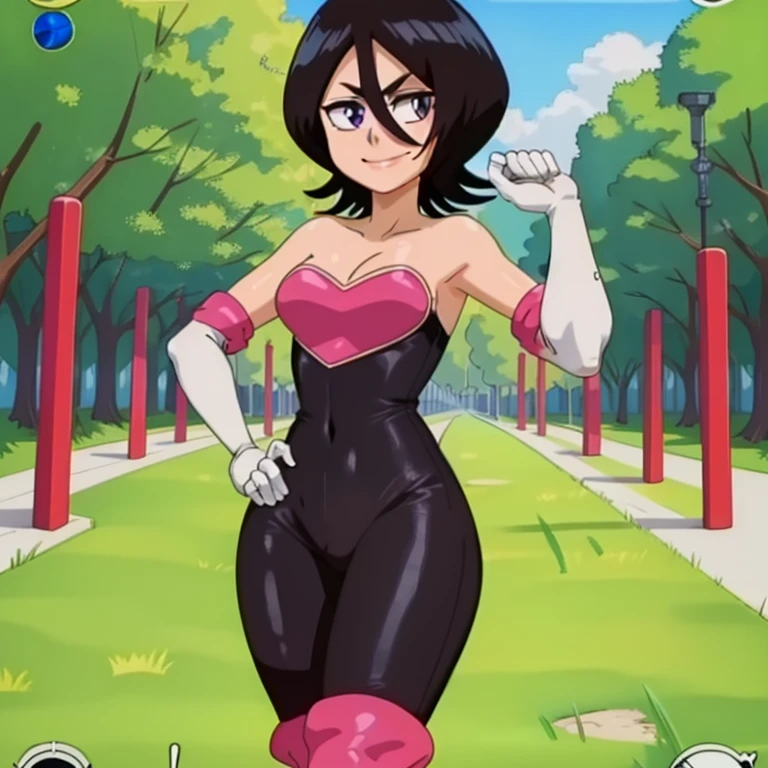 anime screencap, forest, path, park background,
1 girl, solo, hand on hip, short hair, black hair, purple eyes, rouge cosplay, medium breasts, white gloves, bare shoulders, thigh boots, black rubber bodysuit, white footwear, cleavage, smile, looking at viewer, hair between eyes, cowboy shot, facing viewer,