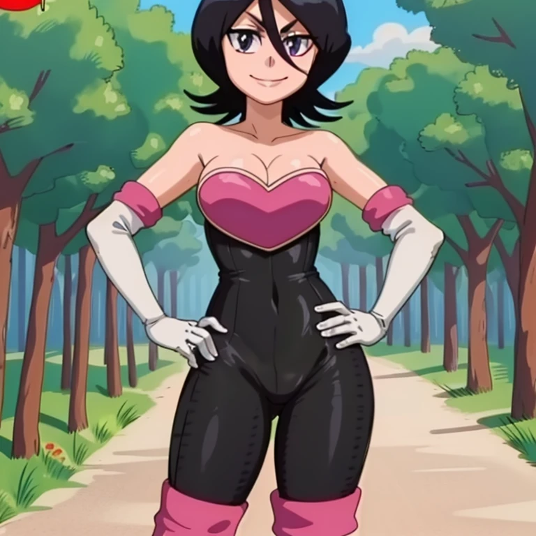 anime screencap, forest, path, park background,
1 girl, solo, hand on hip, short hair, black hair, purple eyes, rouge cosplay, medium breasts, white gloves, bare shoulders, thigh boots, black rubber bodysuit, white footwear, cleavage, smile, looking at viewer, hair between eyes, cowboy shot, facing viewer,