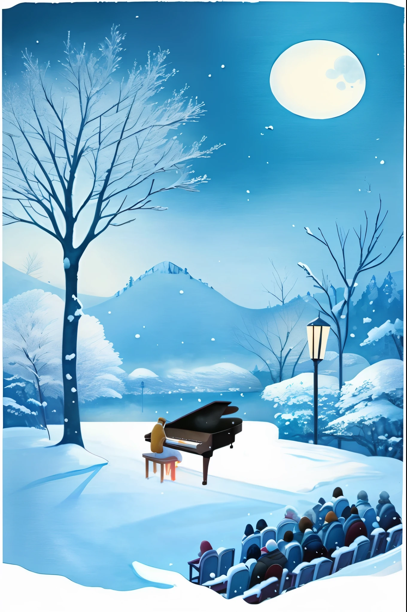 There is a piano in the middle of the snow scene, author：Yi Yinwen, illustratio!, pianist, A beautiful artistic illustration, snow landscape background, Music, Arte conceitual de inverno, winter park background, fantasia de cena de inverno, winter time, author：Zhu Lian, Snowy winter, Snowy environment, landscape artwork, snowfall, background artwork, piano in the background