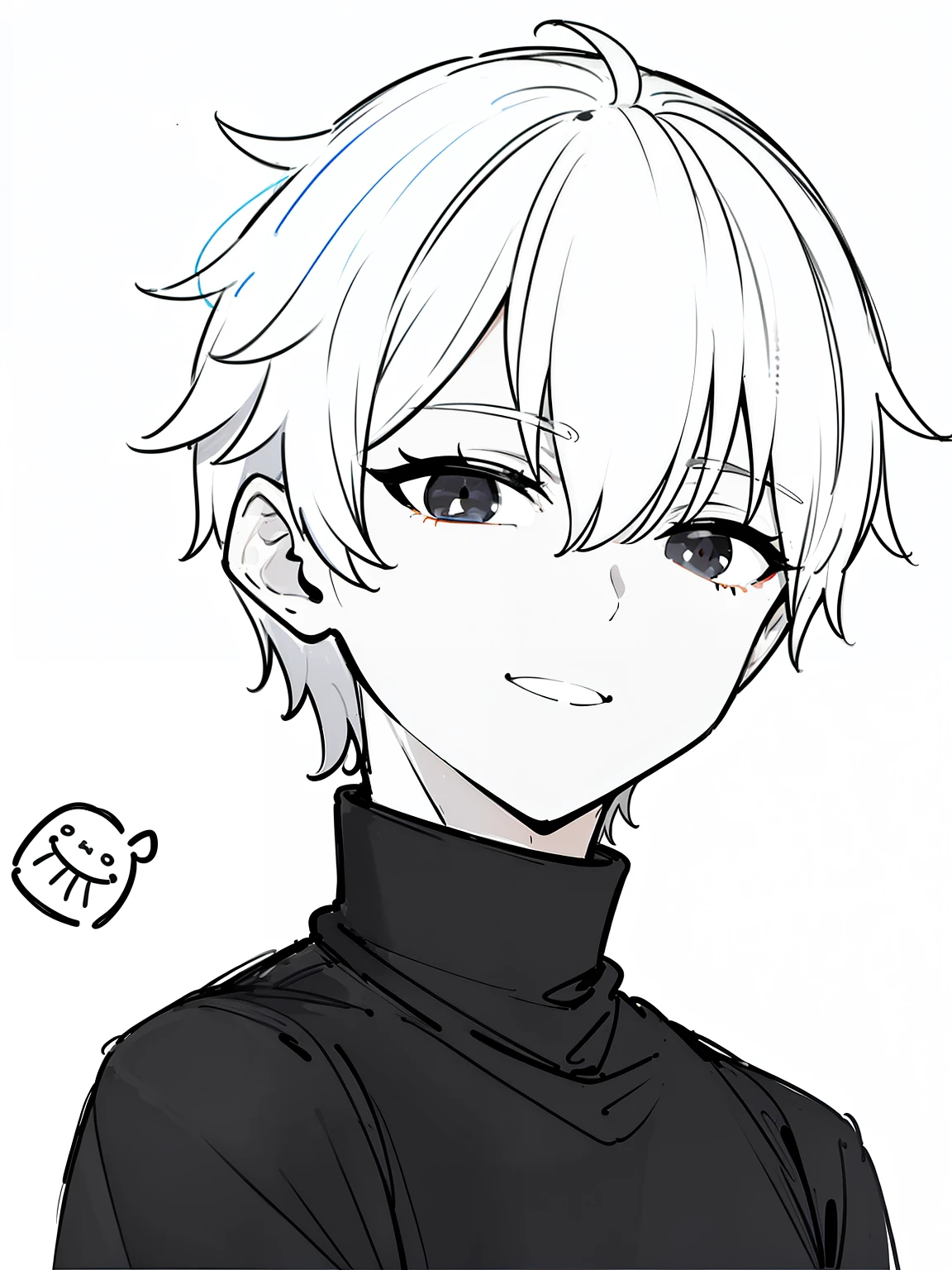 best quality, high resolution, clean background, high contrast, (((1boy:1.1))), line-drawing, sketch, ((tight medium shot))), white background, clean line drawingringe hairstyle), (naughty face), smile face, (((turtleneck))), (((dark-haired)))), (Mashed Hair), ((black eyescolor:1.5)), white skin,