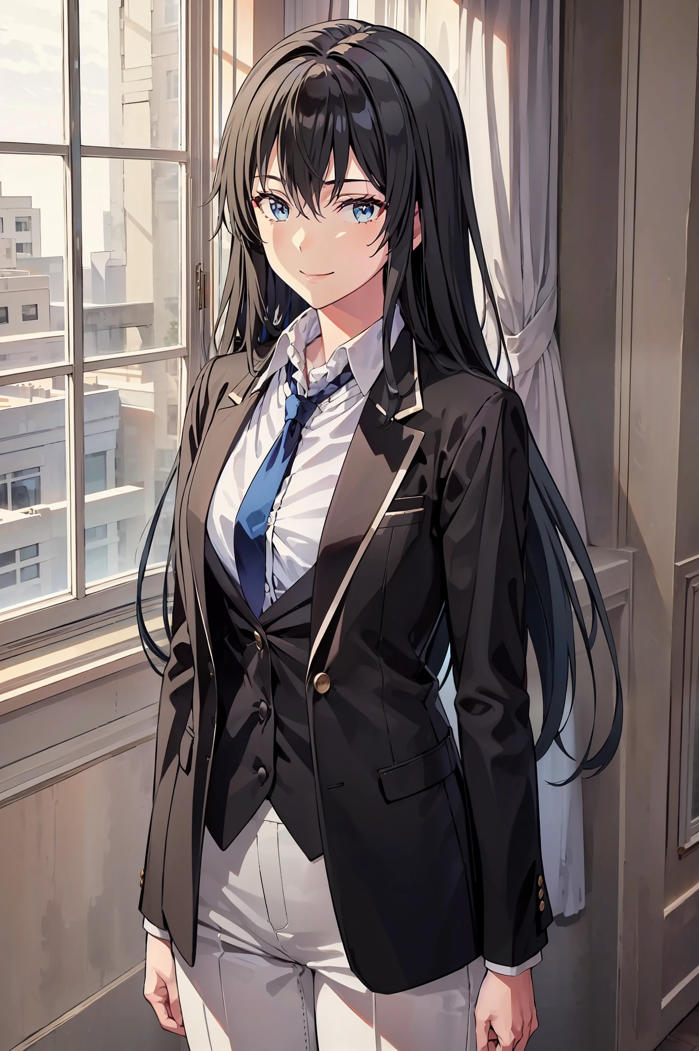 Yukinoshita yukino ,woman in formal attractive tailcoat standing in a large alcove in the room , 1girl, solo, blue necktie, black hair, blue eyes, long hair, smile , collared shirt, white pants, white shirt , tailored tailcoat elegant , standing in front of a window ,tailcoat tailored to elegant crafted from the lustrous fabric