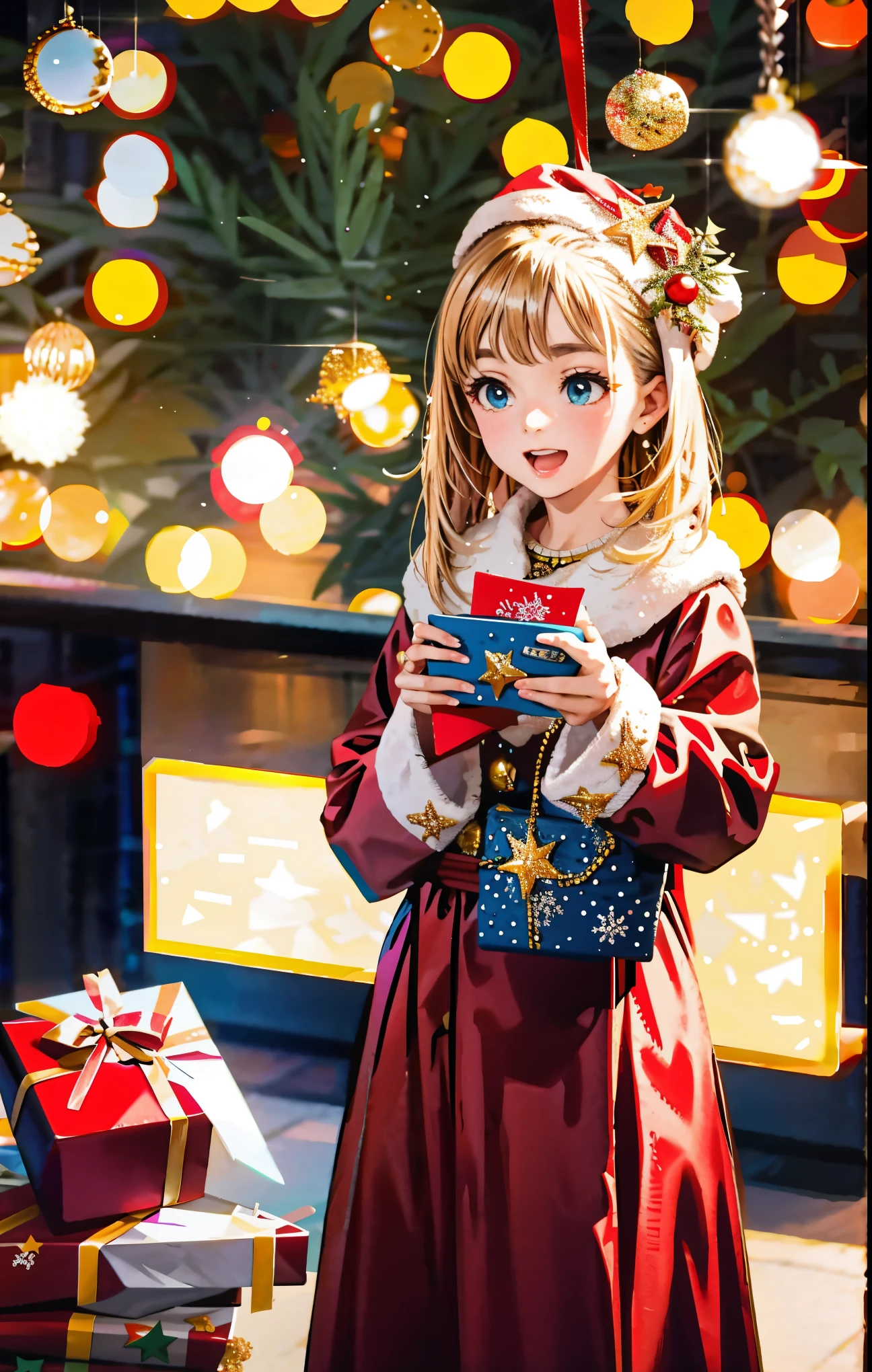 (best quality,4k,8k,highres,masterpiece:1.2),ultra-detailed,realistic,gifts,table,Christmas tree,decorations,wrapping ,bows,ribbon,presents,holiday spirit,vibrant colors,warm lighting,cozy atmosphere,toys,cards,candles,snowflakes,joyful,celebration,exquisite details,exciting surprises,shiny ornaments,sparkling tinsel,beautifully wrapped,excited children,anticipation,festive mood,magical ambiance,delightful moment,wonderful memories,family gathering,cheerful faces,Christmas magic,extravagant,abundance of presents,HDR,UHD,studio lighting,ultra-fine painting,sharp focus,physically-based rendering,professional,vivid colors,bokeh.