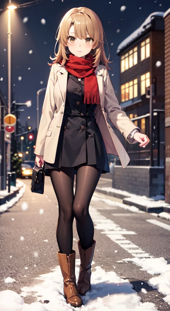 Isshiki Roha,Long Straight, brown haired, ，Brown-eyed, long court，muffler，Sweaters，long  skirt，Brown short boots black pantyhose king，red blush，In the street，Cold sky，It's snowing，Solo，