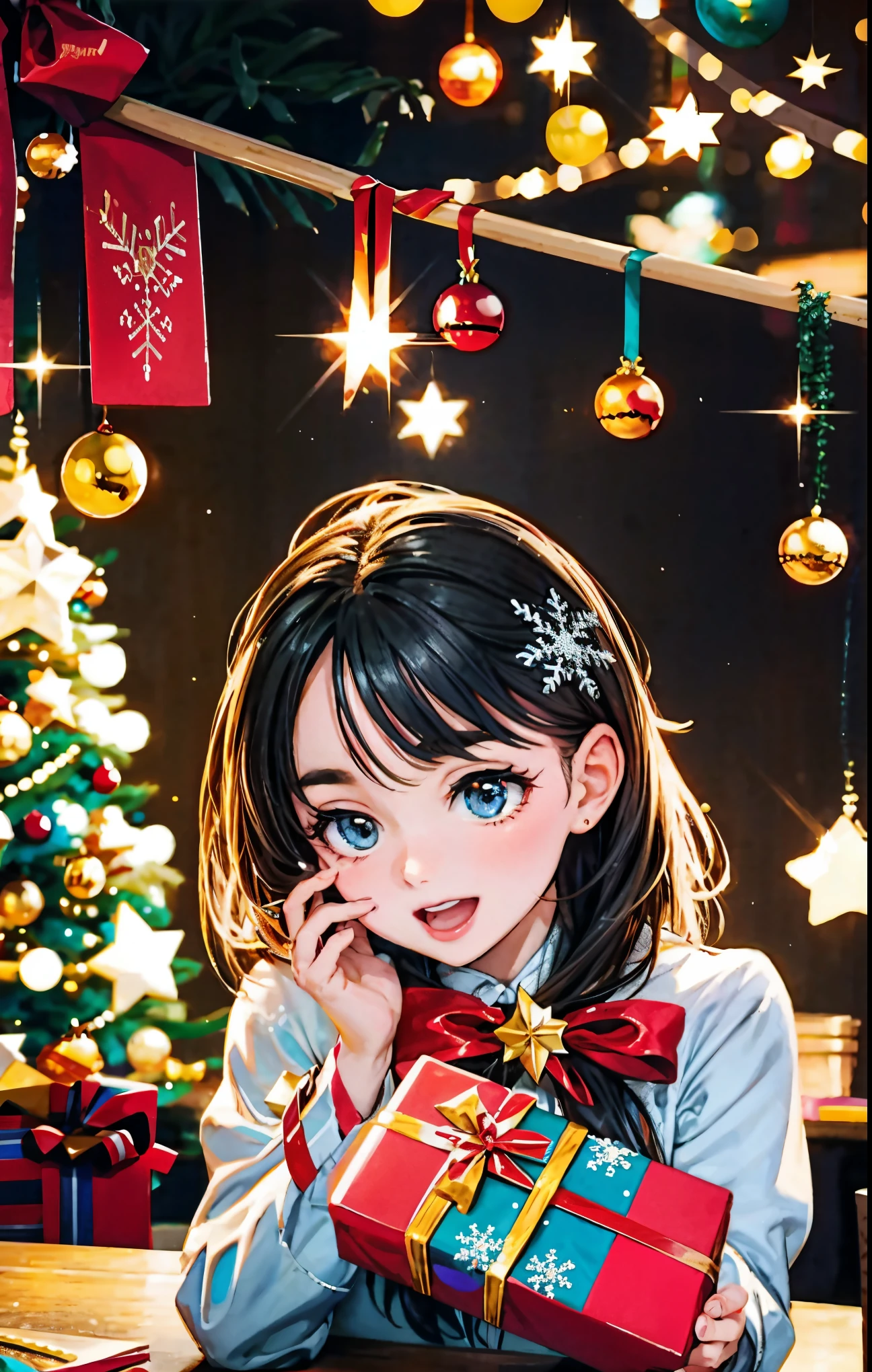 (best quality,4k,8k,highres,masterpiece:1.2),ultra-detailed,realistic,gifts,table,Christmas tree,decorations,wrapping ,bows,ribbon,presents,holiday spirit,vibrant colors,warm lighting,cozy atmosphere,toys,cards,candles,snowflakes,joyful,celebration,exquisite details,exciting surprises,shiny ornaments,sparkling tinsel,beautifully wrapped,excited children,anticipation,festive mood,magical ambiance,delightful moment,wonderful memories,family gathering,cheerful faces,Christmas magic,extravagant,abundance of presents,HDR,UHD,studio lighting,ultra-fine painting,sharp focus,physically-based rendering,professional,vivid colors,bokeh.