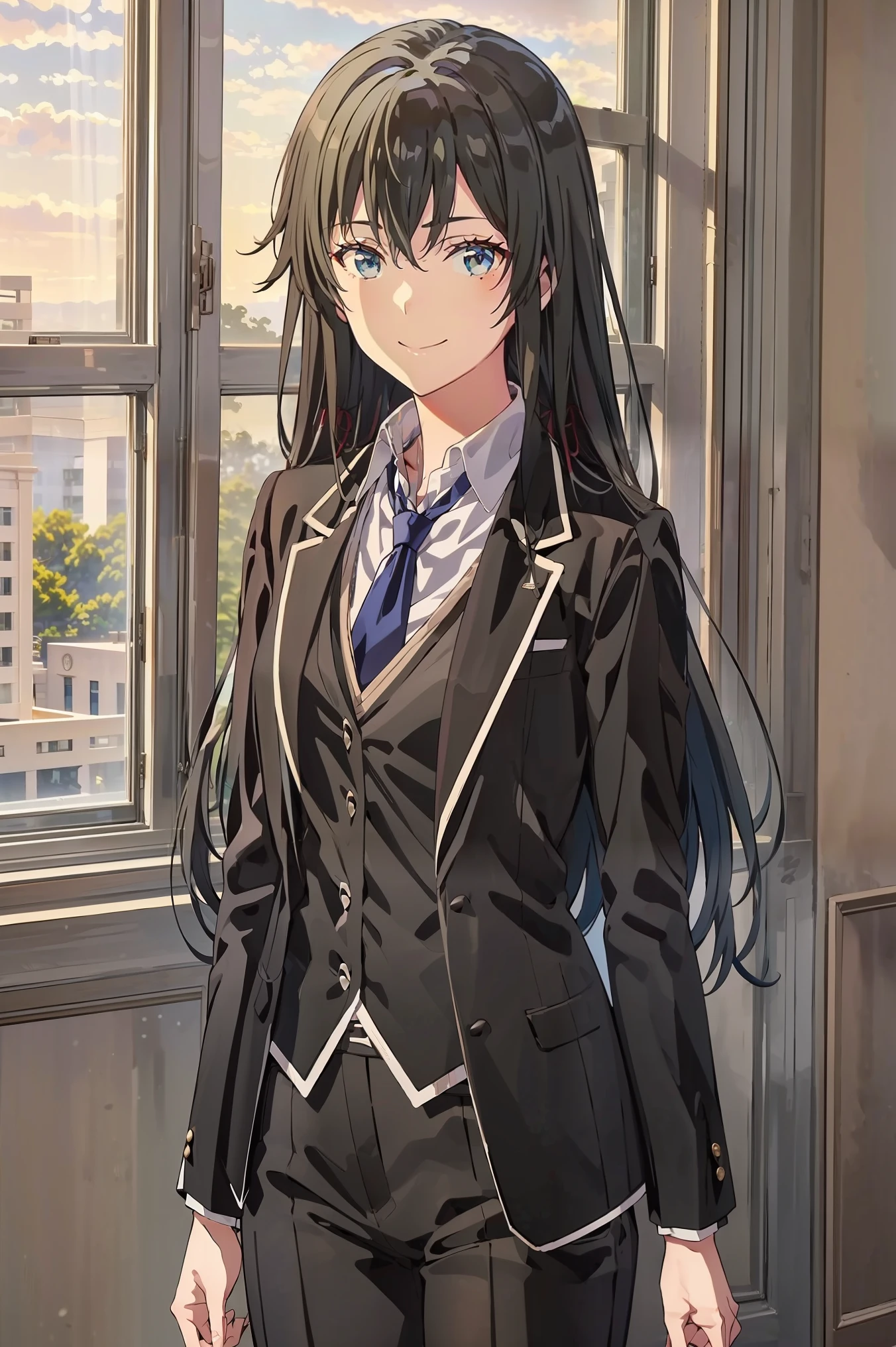 Yukinoshita yukino ,woman in formal attractive tailcoat standing in a large alcove in the room , 1girl, solo, blue necktie, black hair, blue eyes, long hair, smile , collared shirt, white pants, white shirt , tailored tailcoat elegant , standing in front of a window ,tailcoat tailored to elegant crafted from the lustrous fabric