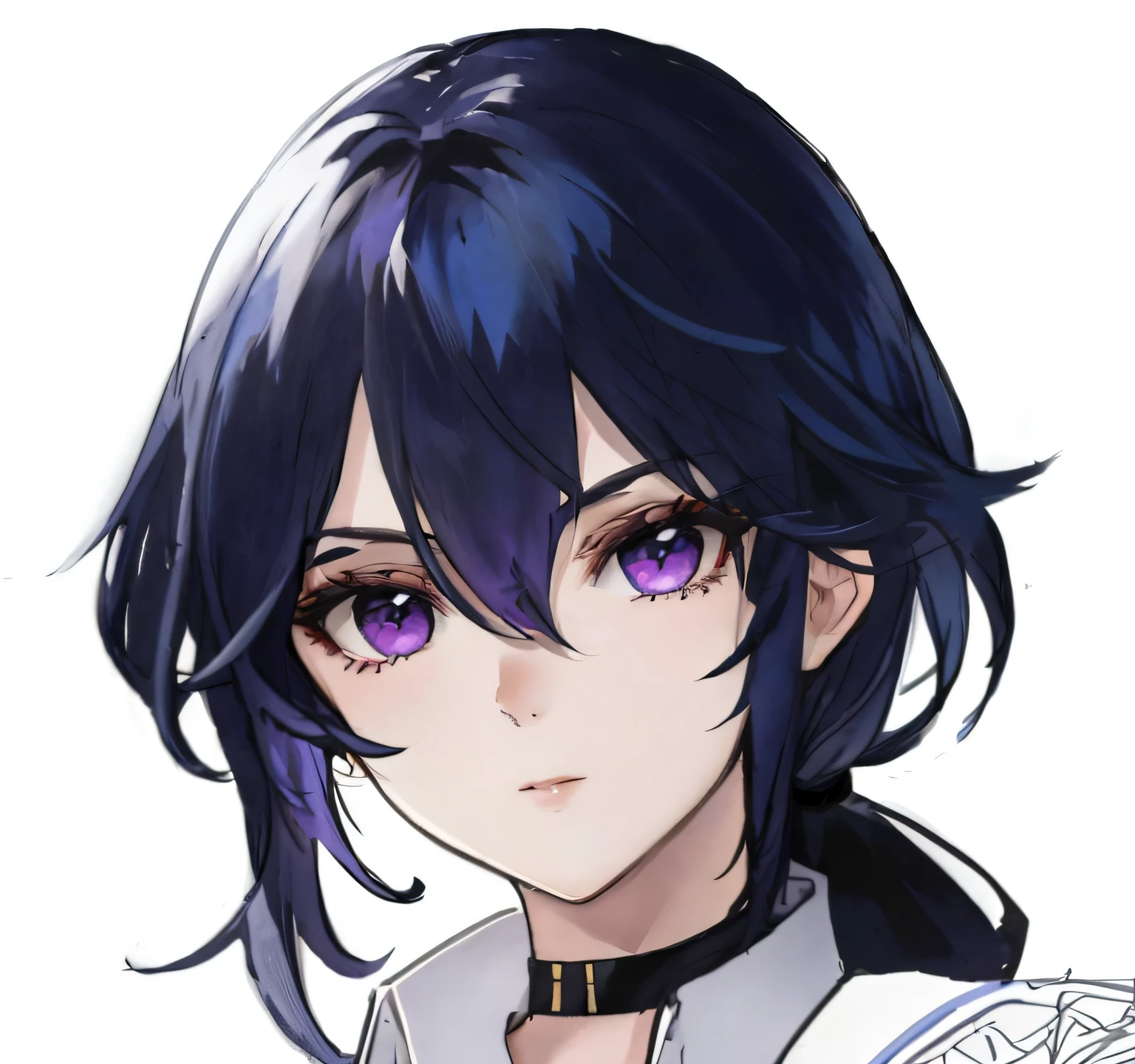 create a side, back, top, bottom profile, a girl with navy blue hair, purple eyes, short pony tail that touches her shoulder from the bottom, white background.
