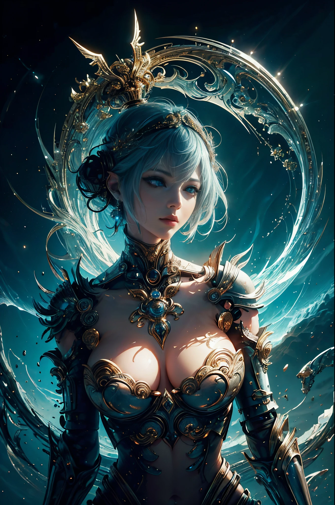 intricate ornate anime cgi style, super detailed fantasy characters, 4K highly detailed digital art, karol bak uhd, cyborg goddess in cosmos, beautiful digital works of art, 2. 5 d cgi anime fantasy artwork, Goddess. extremely high detail, portrait of cyborg queen, extremely detailed goddess shot, Half body machine, Inorganic, Next generation high performance cyborg, mechanical goddess, Best Quality, Perfect Angle, perfect-composition, sharp outline, Best Shots, Perfect form, perfect model style, Very beautiful and detailed eyes, Hollow eyes