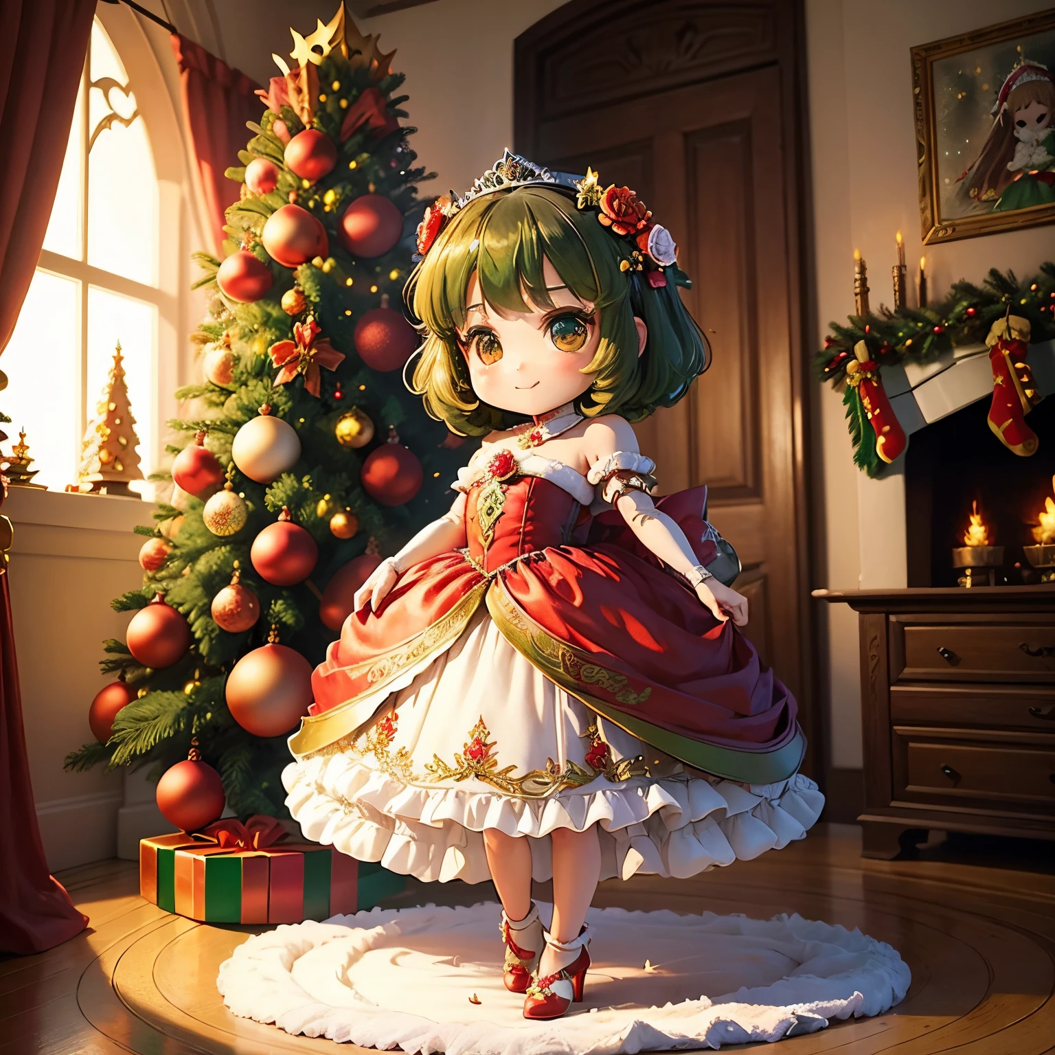 masterpiece、top-quality、ultra-detailliert、(Chibi Chara Princess:1.27),(flower tiara:1.3),richly decorated red, The green and white dress has ruffles and peplums.,Glitter,fairy tale living room,(Christmas tree:1.3),A smile,Full-body standing figure