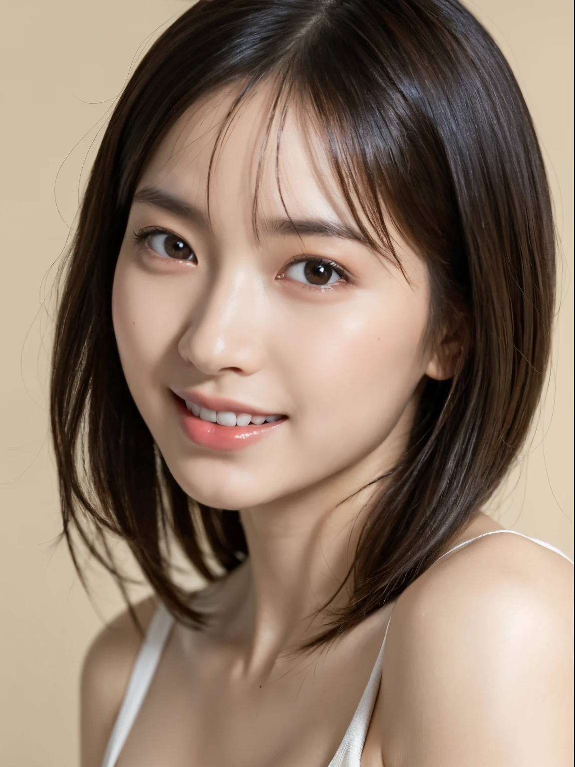 ((8K, highest quality, Masterpiece: 1.2), super detail, super resolution, (photorealistic, photorealistic photo: 1.37), portrait, high definition RAW color photo, professional photo, high definition and beautiful, high definition, 8K Image wallpaper, amazing details, huge file size, high detailed beautiful girl, super detailed face, very detailed eyes, very detailed skin, very detailed fingers, very detailed nose, very Detailed detailed mouth, perfect anatomy, room background, one girl, (20:1.2), 20 generations, cute girl, realistic body, glowing skin, slim body, black hair, cute, cute face, lively A calm face, delicate eyes, source order, looking at the camera, ((front facing)), (fair skin), waist shot, bangs, round face, smile,