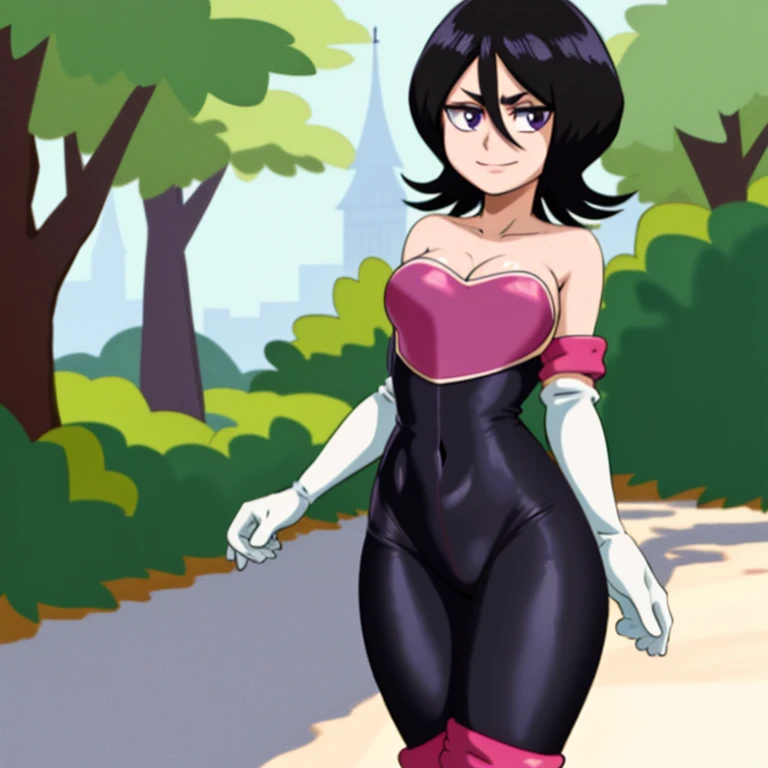 anime screencap, forest, path, park background, 1 girl, solo, hands on sides, short hair, black hair, purple eyes, rouge cosplay, medium breasts, white gloves, bare shoulders, thigh boots, black rubber bodysuit, white footwear, cleavage, smile, looking at viewer, hair between eyes, cowboy shot, facing viewer,