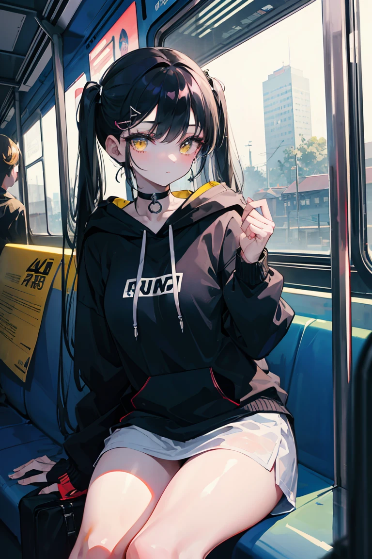 (masterpiece, best quality, 4k, insane details, watercolor, 1girl), long black hair, long twintails, cute hair pins, yellow eyes, choker, wearing a long black hoodie that covers her thighs, oversize clothes, sitting inside a train, leaning on the train window, cell shading, aesthetic, vibrant, perfect body, perfect hands, perfect eyes, detailed eyes, bokeh, reflections, cold atmosphere