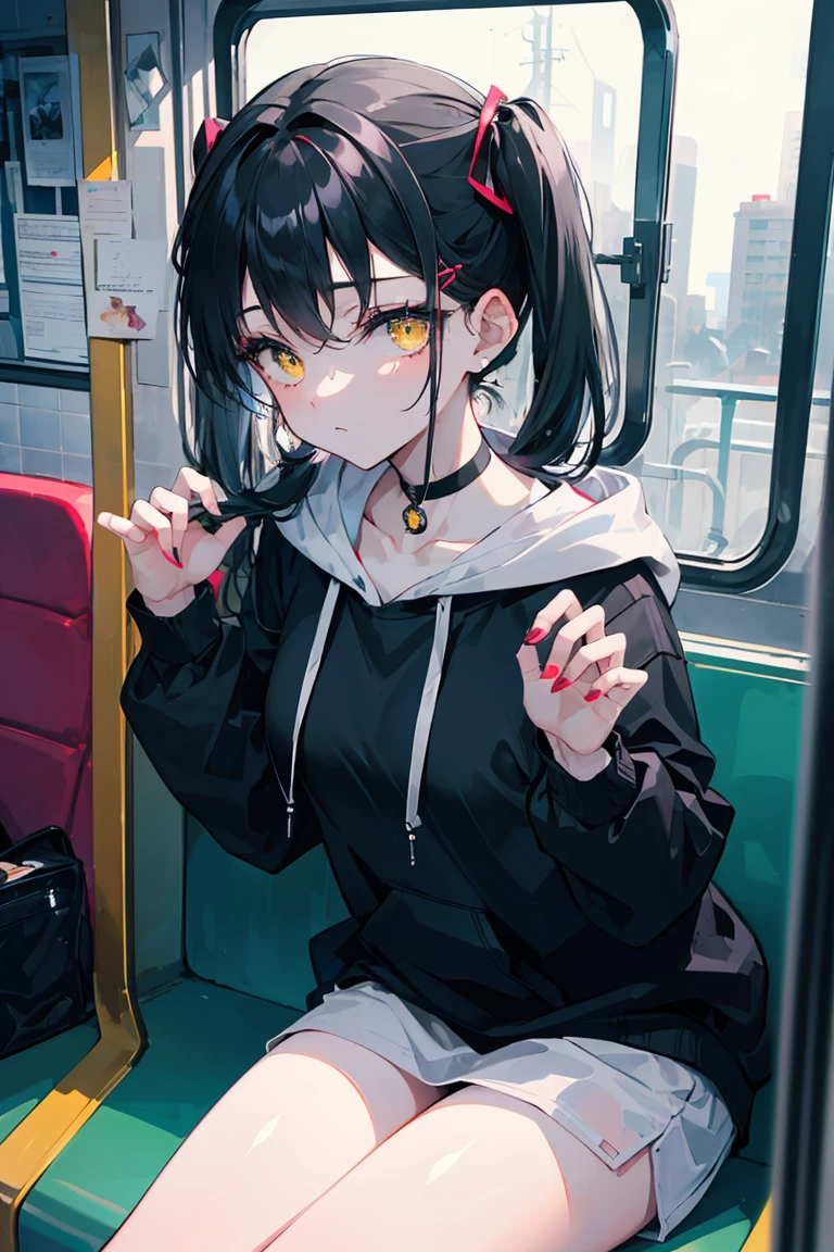 (masterpiece, best quality, 4k, insane details, watercolor, 1girl), long black hair, long twintails, cute hair pins, yellow eyes, choker, wearing a long black hoodie that covers her thighs, oversize clothes, sitting inside a train, leaning on the train window, cell shading, aesthetic, vibrant, perfect body, perfect hands, perfect eyes, detailed eyes, bokeh, reflections, cold atmosphere