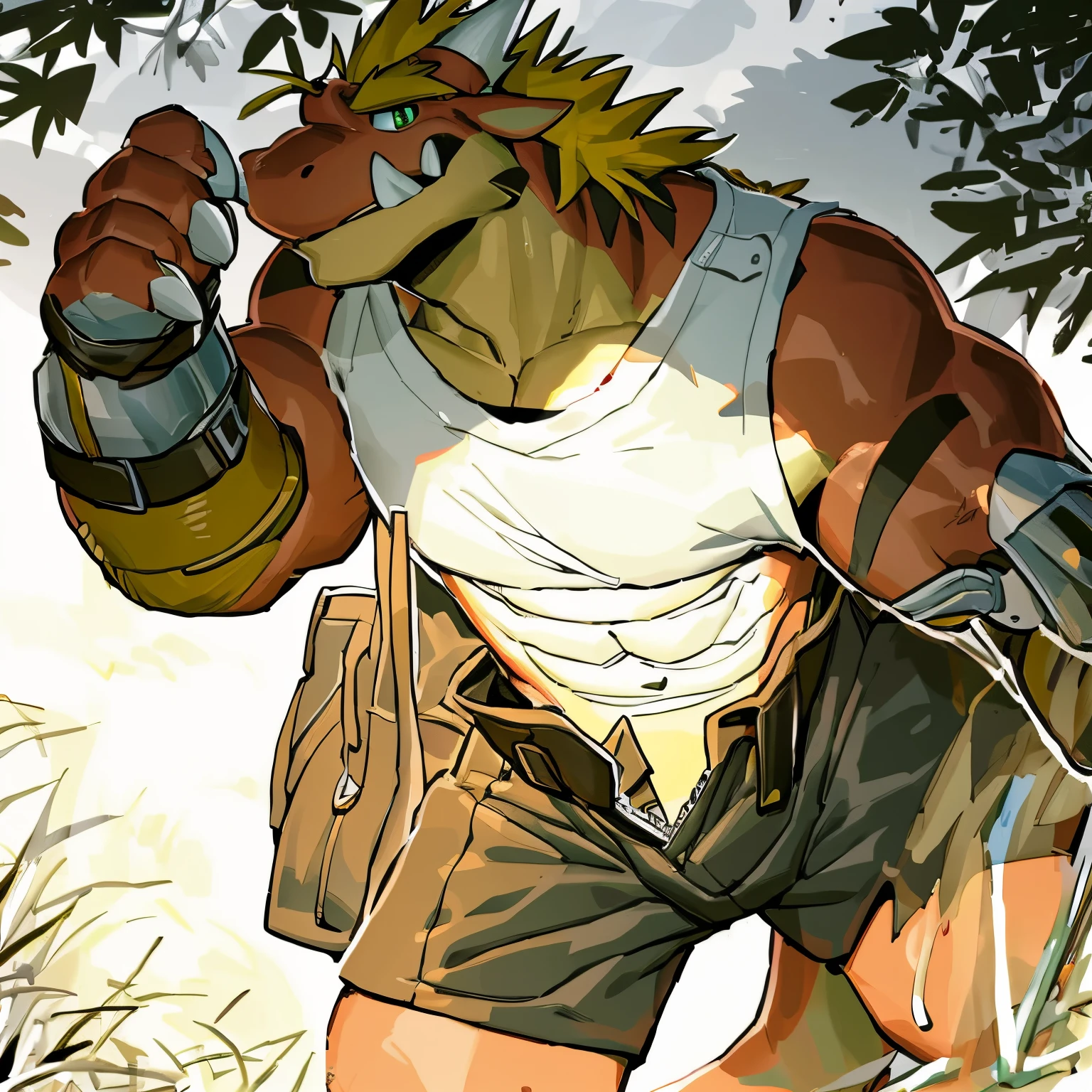 delga, solo, anthro, male, clothing, muscular, muscular male, muscular anthro, abs, hi res, pecs, sweat, shirt, horn, topwear, clothed, scalie, bottomwear, pants, underwear, blonde hair, biceps, green eyes, open bottomwear, open pants, looking at viewer, bulge, by canyne khai,by milkytiger1145,by takemoto arashi,by null-ghos , tpeel coconut