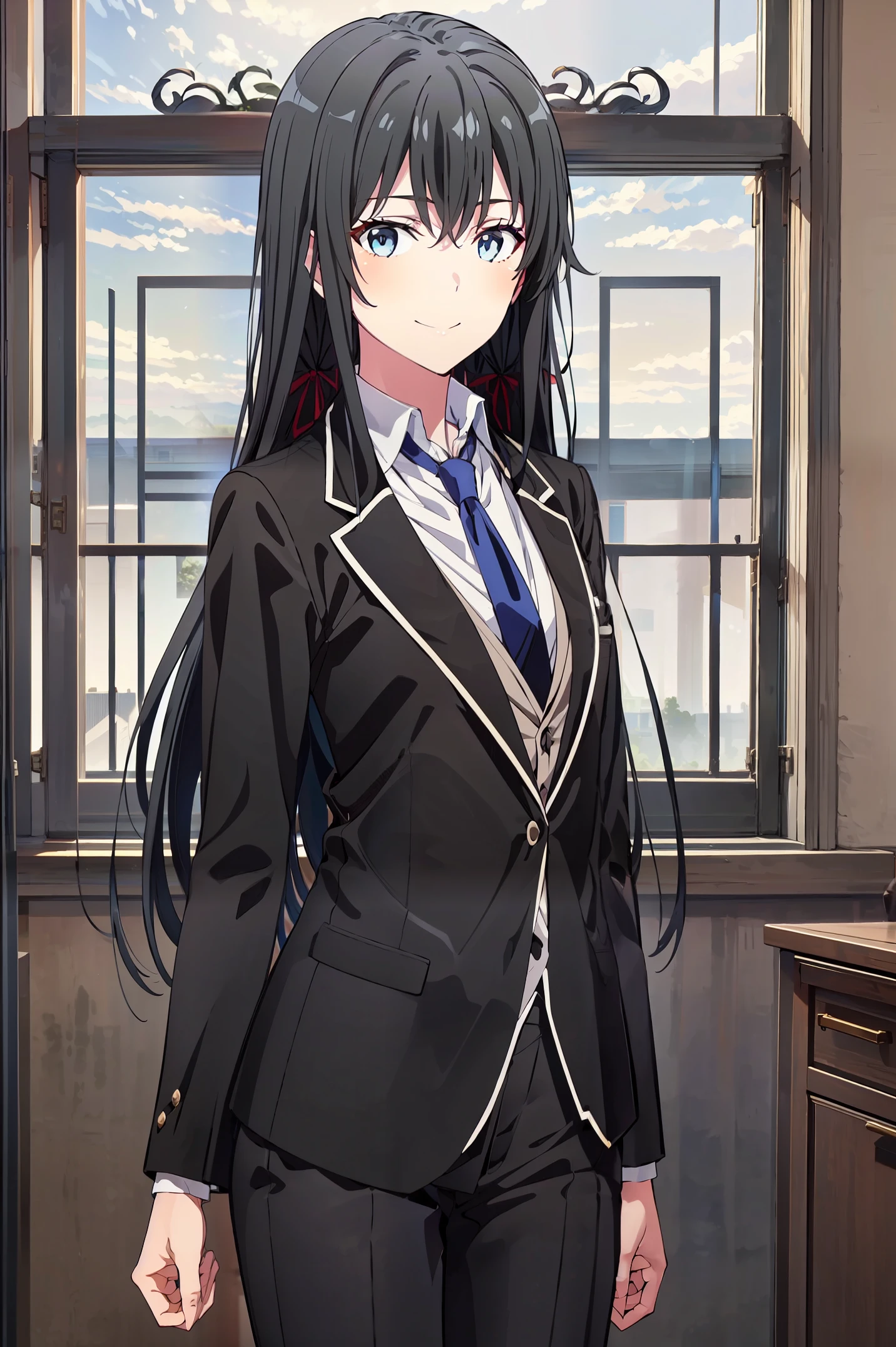 Yukinoshita yukino ,woman in formal attractive tailcoat standing in a large alcove in the room , 1girl, solo, blue necktie, black hair, blue eyes, long hair, smile , collared shirt, white pants, white shirt , tailored tailcoat elegant , standing in front of a window ,tailcoat tailored to elegant crafted from the lustrous fabric