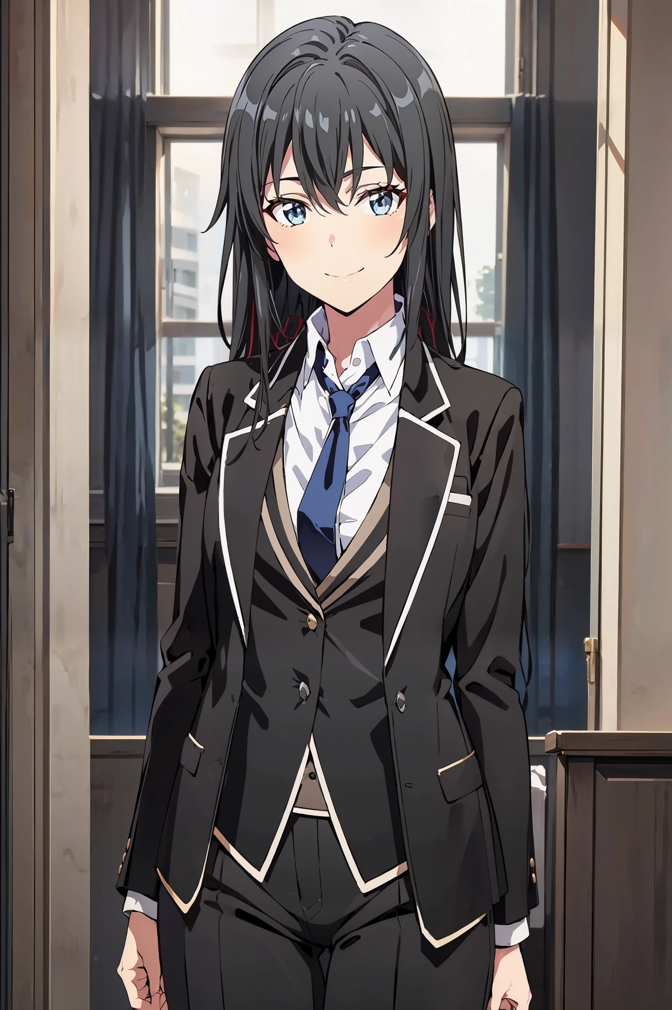 Yukinoshita yukino ,woman in formal attractive tailcoat standing in a large alcove in the room , 1girl, solo, blue necktie, black hair, blue eyes, long hair, smile , collared shirt, white pants, white shirt , tailored tailcoat elegant , standing in front of a window ,tailcoat tailored to elegant crafted from the lustrous fabric