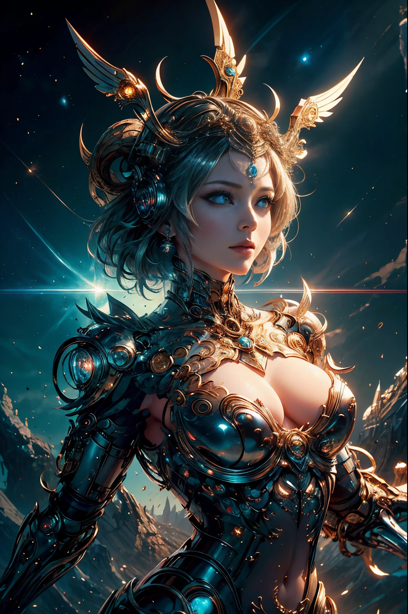 intricate ornate anime cgi style, super detailed fantasy characters, 4K highly detailed digital art, karol bak uhd, cyborg goddess in cosmos, beautiful digital works of art, 2. 5 d cgi anime fantasy artwork, Goddess. extremely high detail, portrait of cyborg queen, extremely detailed goddess shot, Half body machine, Inorganic, Next generation high performance cyborg, Goddess of Machines, Best Quality, Perfect Angle, perfect-composition, sharp outline, Best Shots, perfect shapes, perfect model style, Very beautiful and detailed eyes, Hollow eyes