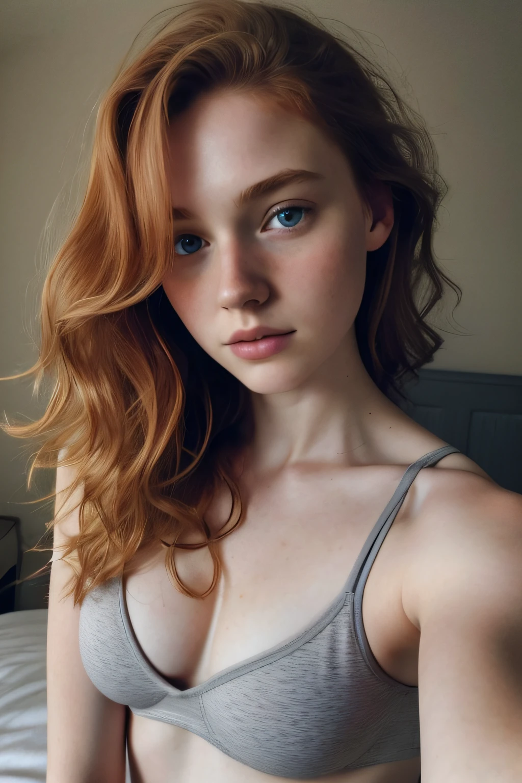 1girl in, age19, Solo, Aesthetic artwork, irish, wavy ginger hair, shoulder length hair, gray eyes, light grey eyes, pale skin, A-cup, small breasts, runners body, (textured skin, skin pores:1.1), goosebumps, taking a close-up selfie photo while laying down in bed wearing red slutty wet crop top t-shirt and no underwear, see-through red t-shirt, ((nipples poking through)), nipples visible through t-shirt, seductive, sexy photo, not wearing any pants, long legs, small nipples, (extremely detailed 8k wallpaper), soft lighting, high quality, film grain, Fujifilm XT3 sharp focus, f 5.6, 50mm, High Detail, Sharp focus,(natural light), crazy details, complex details, hyperdetailed, close-up, hands hidden