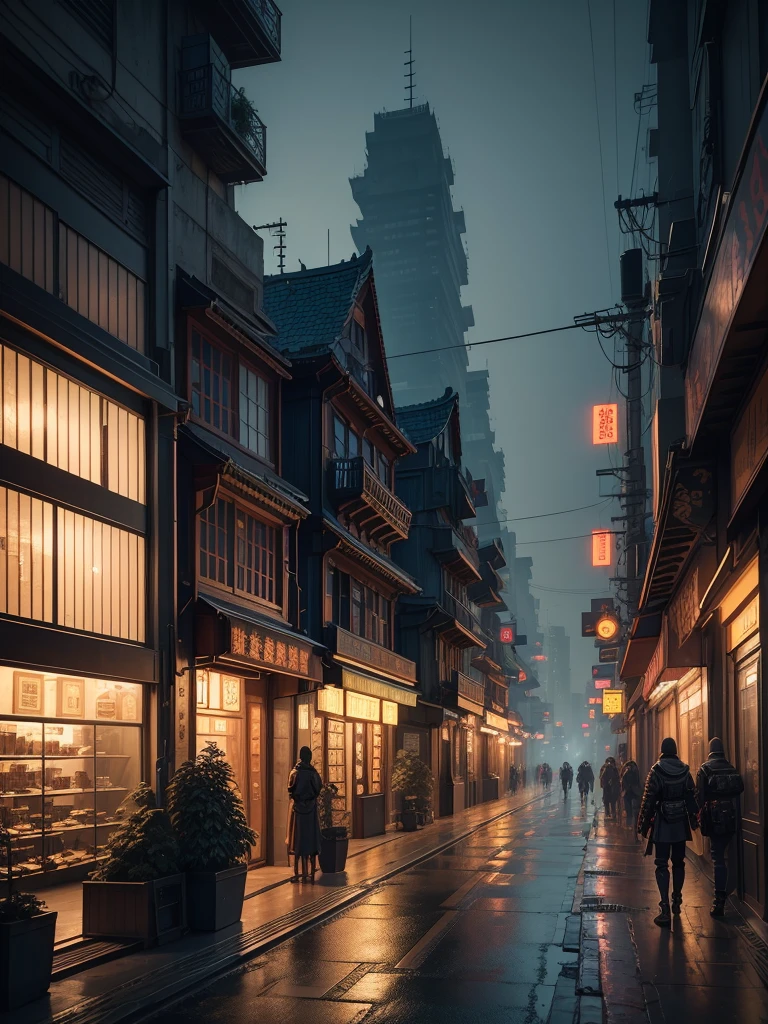Cyberpunk city from sci-fi movie, empty street, night, chinoiserie buildings, old shop, irregular, circuit boards, wires, intricate, super detailed, realistic, hyper realistic, high quality, best, super detailed, crazy Detail, Very Detailed, Photorealistic, Epic Composition, Best Quality, 32k --v 6