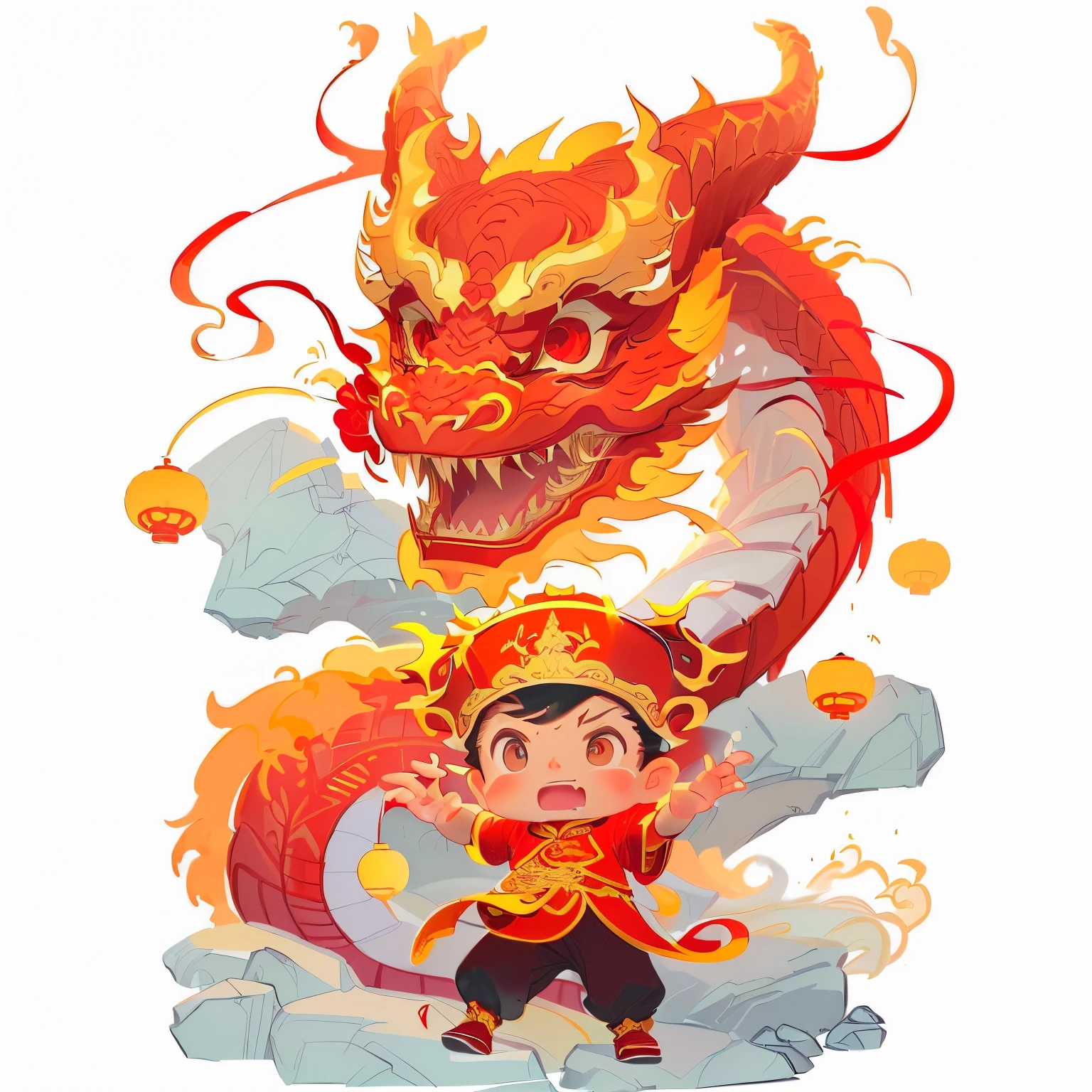 Illustration of a boy and a red robed dragon, chinesedragon, A beautiful artistic illustration, jc leyendecker and deng shaqin, yellow dragon head festival, chinese dragon concept art, Similar to Deng Sachin style, Chinese dragon battle, smooth chinese dragon, The golden dragon, Deng Sachin, Inspired by Puhua, The big red dragon flew above them, by Ryan Ye