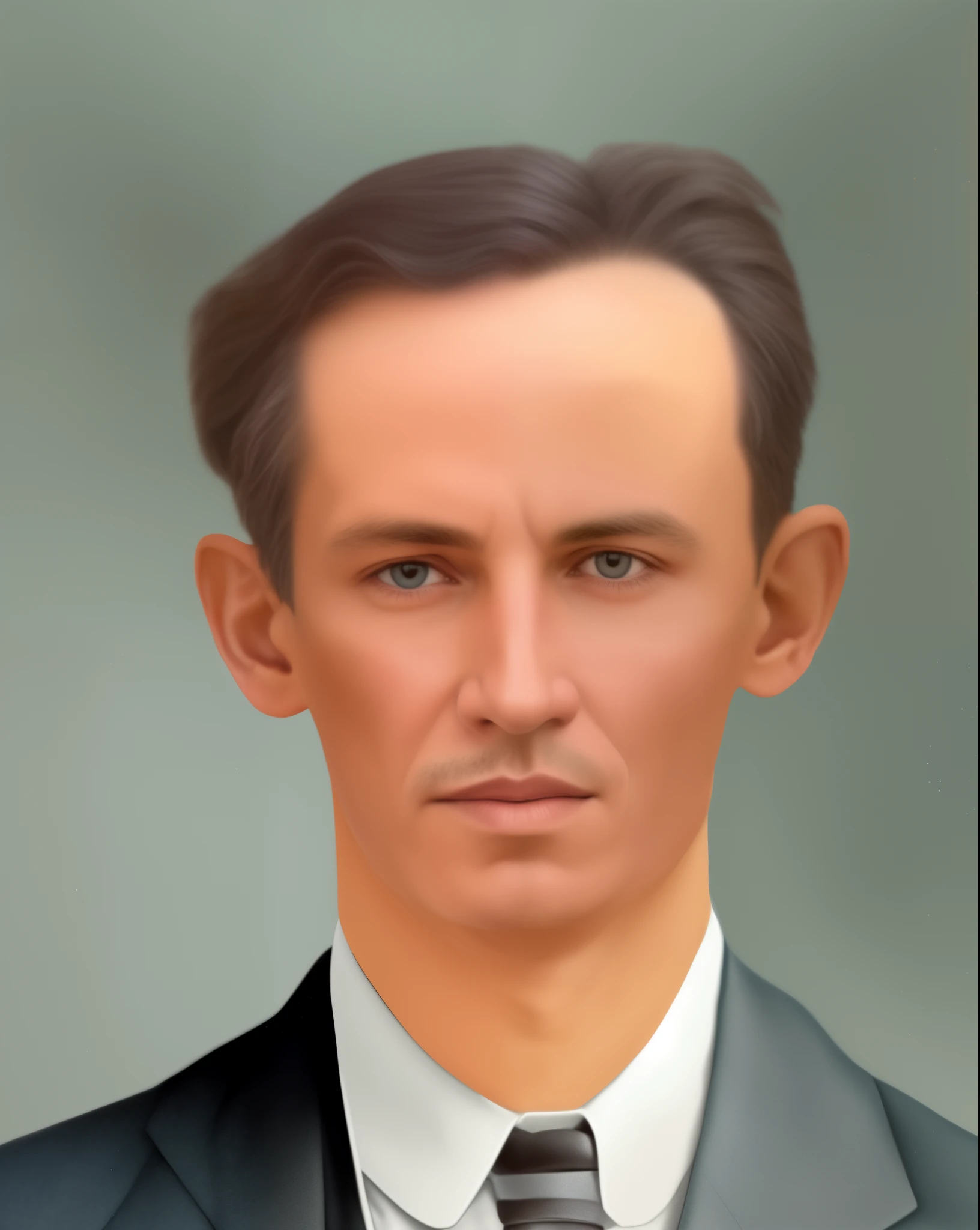 painting of a man in a suit and tie with a serious look, Retrato de Nikola Tesla, Nikola Tesla, Retrato colorido, inspirado em John Fulton Folinsbee, Houdini & Photoshop, colorido 1 9 0 4 foto, retrato colorido detalhado, foto colorida, uma foto colorida, inspired by Rezső Bálint, rendering of close up portrait