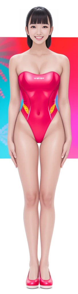 on the white background，a tall and beautiful chinese girl，with fair skin，Toothy smile，Hefty Smile，When you laugh, Your eyes are crescent-shaped，blunt bangs, hair straight，Wear a one-piece swimsuit and pumps，Swimsuits are decorated with joyful patterns, standing straight，stand firm，hands on sides，Symmetrical distribution，Ray tracing，All shaded areas, led floodlights, forward light, 1.4x True-to-life Ultra HD