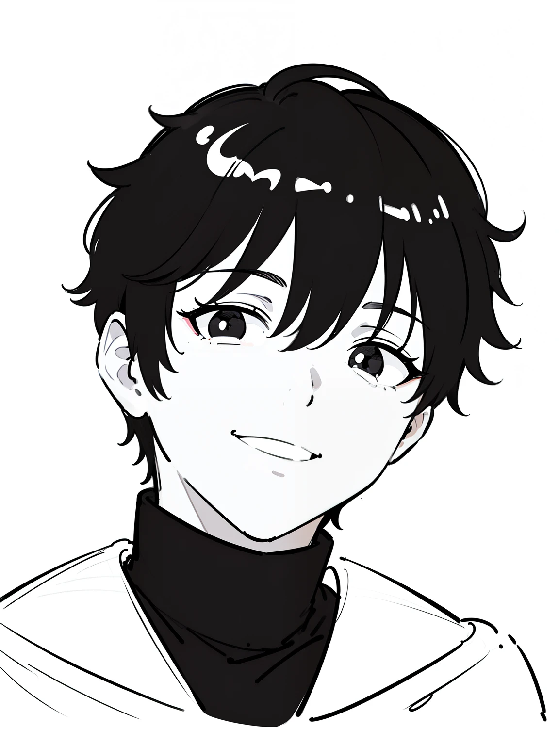 best quality, high resolution, clean background, high contrast, (((1boy:1.1))), line-drawing, sketch, ((tight medium shot))), white background, clean line drawings, (fringe hairstyle), (naughty face), smile face, (((turtleneck))), (((dark-haired)))), (Mashed Hair), ((black eyescolor:1.5)), white skin,