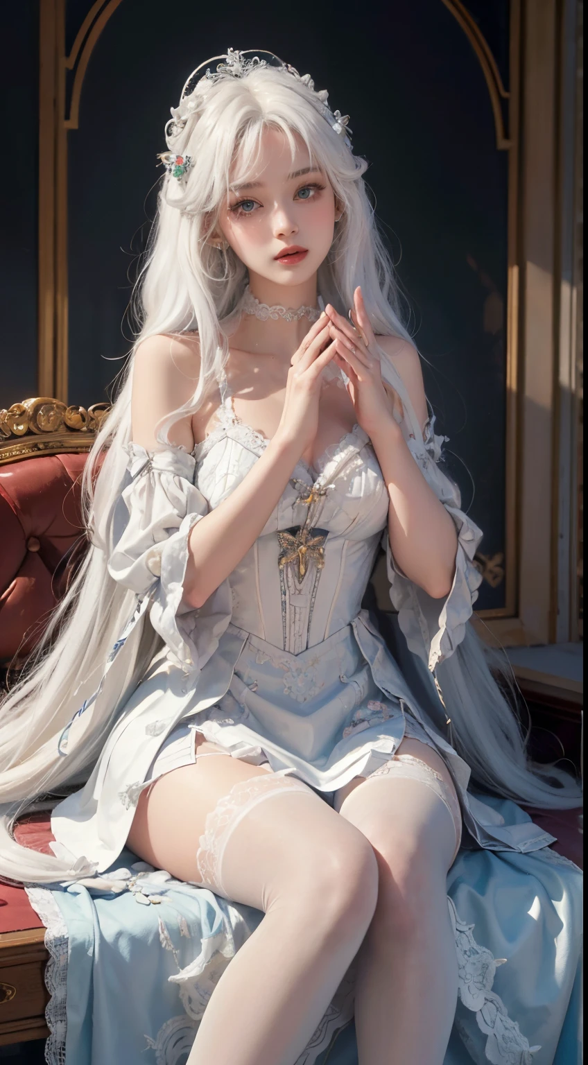 girl,actual,(best quality, 8k, 32k, masterpiece, ultra high definition:1.2),beautiful big eyes, round eyes, pretty face,long, straight hair, from the front, best quality, ((actual)), high quality, Super detailed, ((real picture)), ((actual skin)), ((actual face)), side light, (actual body, nature, [(Detailed face:1.2):0.2], shining eyes, looking at the audience, Beautifully,high quality, rich and colorful, (photography, photoactual:1.1), (perfect face:1.4), very long hair, silver hair, white hairband, crystal earrings, Cross Necklace Virgin Killer Set, perfect face, pretty face蛋, perfect eyes, very long hair, oil painting style, detailed Artwork, Art:, antique:, Gorgeous tiara crown, very beautiful victorian princess, 19th century, Front view, Cowboy Xiao, white hair, wearing a big collar, Big ruffle collar, Detached sleeves, long sleeves, decorate, white corset, intricate fabrics, soft light, very detailed eyes, masterpiece, best quality,Close-up from waist up, winter, Snowing day, outdoor, baroque church
