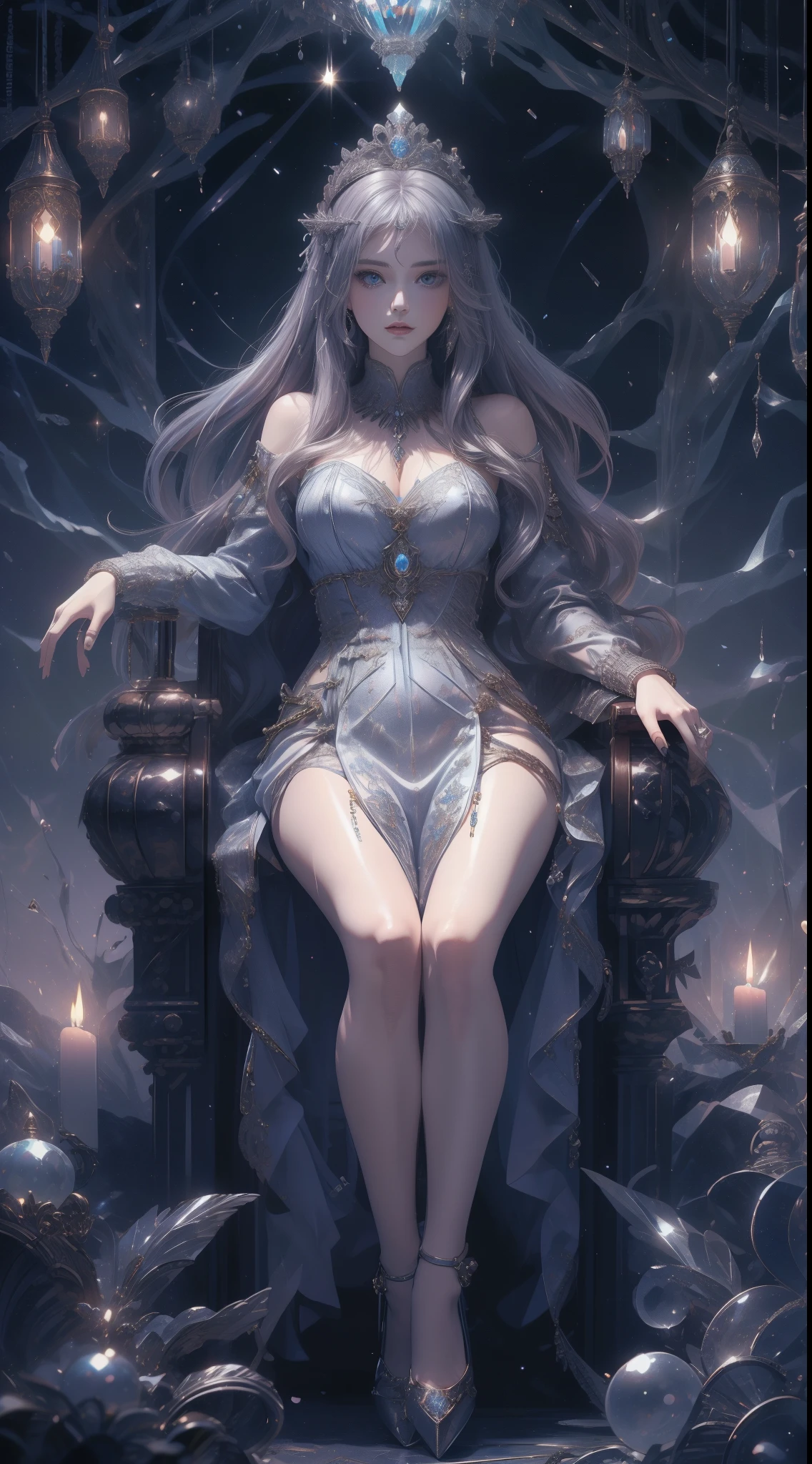 tmasterpiece,Highest image quality,Beautiful bust of the noble queen,Complex silver hairstyle for long straight hair,lucid blue eyes,The sweater is decorated with a dazzling array of、fine jewelry,Sit on the throne,Ultra-detailed details,advanced。At the Pixiv Art Station,Break your own power,,The kinky is exposed,R-18G