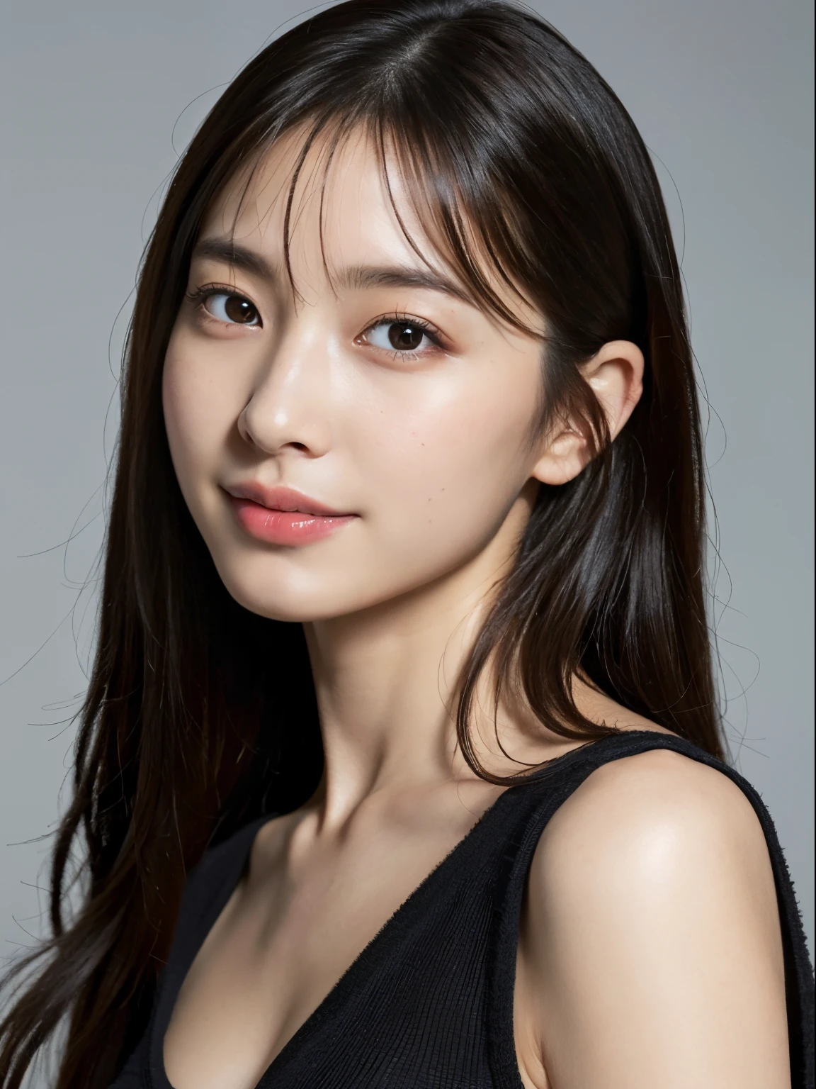 (8K, highest quality, Masterpiece: 1.2), super detail, super resolution, (photorealistic, photorealistic photo: 1.37), portrait, high definition RAW color photo, professional photo, high definition and beautiful, high definition, 8K Image wallpaper, amazing details, huge file size, high detailed beautiful girl, super detailed face, very detailed eyes, very detailed skin, very detailed fingers, very detailed nose, very Detailed detailed mouth, perfect anatomy, tight background, 1 girl, (20:1.2), 20 generations, cute girl, realistic body, glowing skin, slim body, black hair, cute, cute face, lively face, delicate eyes, source order, looking at camera, facing forward, (fair skin), bust shot, bangs, round face, smile,