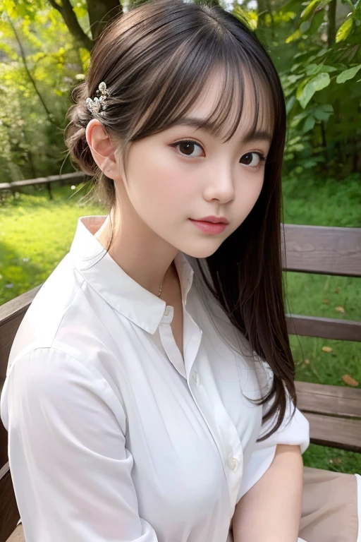 (((​masterpiece))), 超A high resolution, photographrealistic, ultra-detailliert, 8K,top-quality, Extremely detailed, Detailed background, Quiet lakeside bench in the forest, Sitting, very beautiful japanese girl, Detailed face, I have bangs, Smile, (Full body:1.3), (I keep my hair up and short :1.2), (a ，Cute，Adorable, 14years),rfect body:1.1), Oversized white blouse, Wallpaper, amazing, finely detail, Ultra-detailed, 超A high resolution, Extremely detailed, Pure erotic face, extremely detailed eye and face, Beautiful detailed eyes, highly detailedskin, No makeup, (Natural Skin)