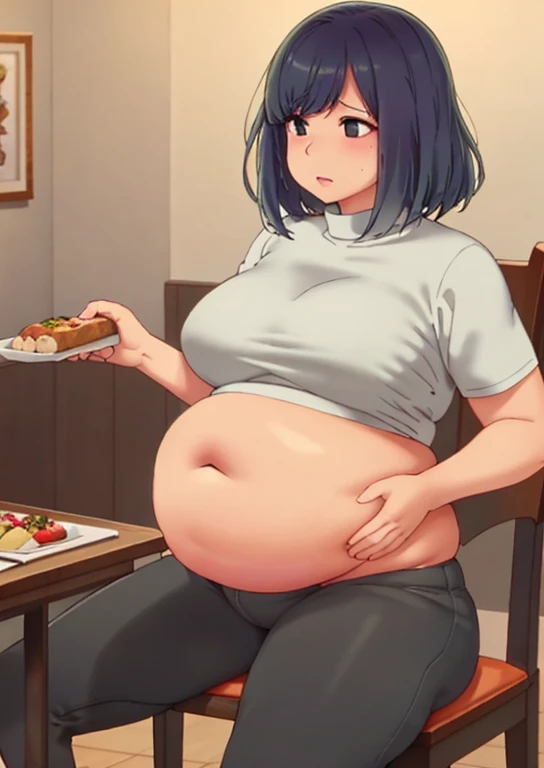 fat, large belly, standing, big belly, very fat, large stomach, chubby (best quality, masterpiece), fat belly, Akane Kurokawa, Akane, fat, large belly, standing, grabbing belly, very fat, large stomach, chubby (best quality, masterpiece), fat belly, at, large belly, standing, grabbing belly, very fat, large stomach, chubby (best quality, masterpiece), thanksgiving, wearing sweater, grabbing belly, sitting down, table with of food, table tons of food, lots of food, holding belly, table with food, sitting, eating cream