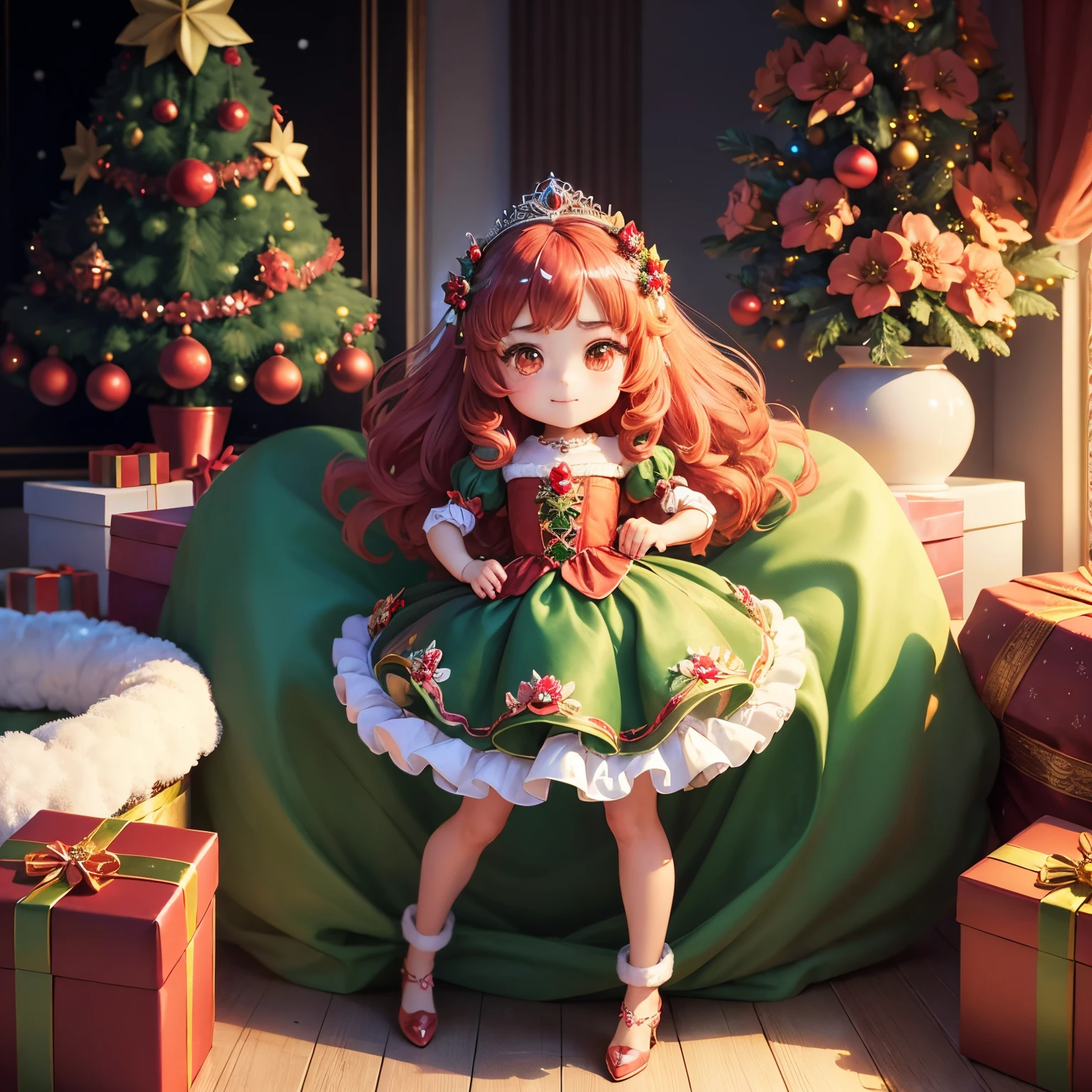​masterpiece、top-quality、ultra-detailliert、(Chibi Chara Princess:1.27),(flower tiara:1.3),richly decorated red, The green and white dress has ruffles and peplums.,Glitter,fairy tale living room,(Christmas tree:1.3),A smile,Full-body standing figure