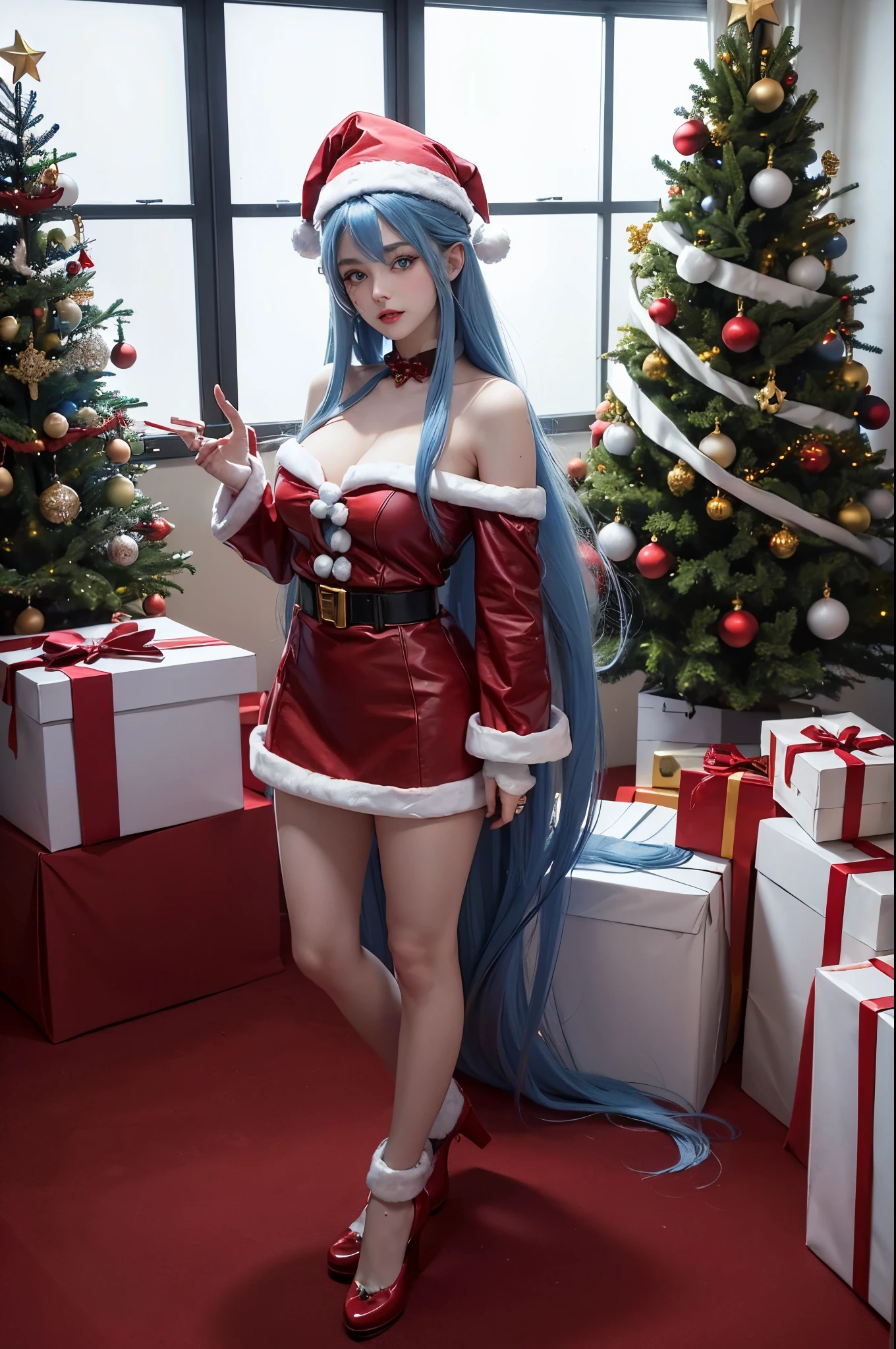 A beautyful girl, long blue hair, eBlue eyes, Wearing Santa's hat, Sexy Santa costume, bare-legged, Standing next to a decorated Christmas tree, liveroom, Colorful gift boxes on the floor, hyper realisitc, Cinematic, Vivid lighting, (A high resolution, The content is very detailed:1.1), Aesthetic, tmasterpiece,