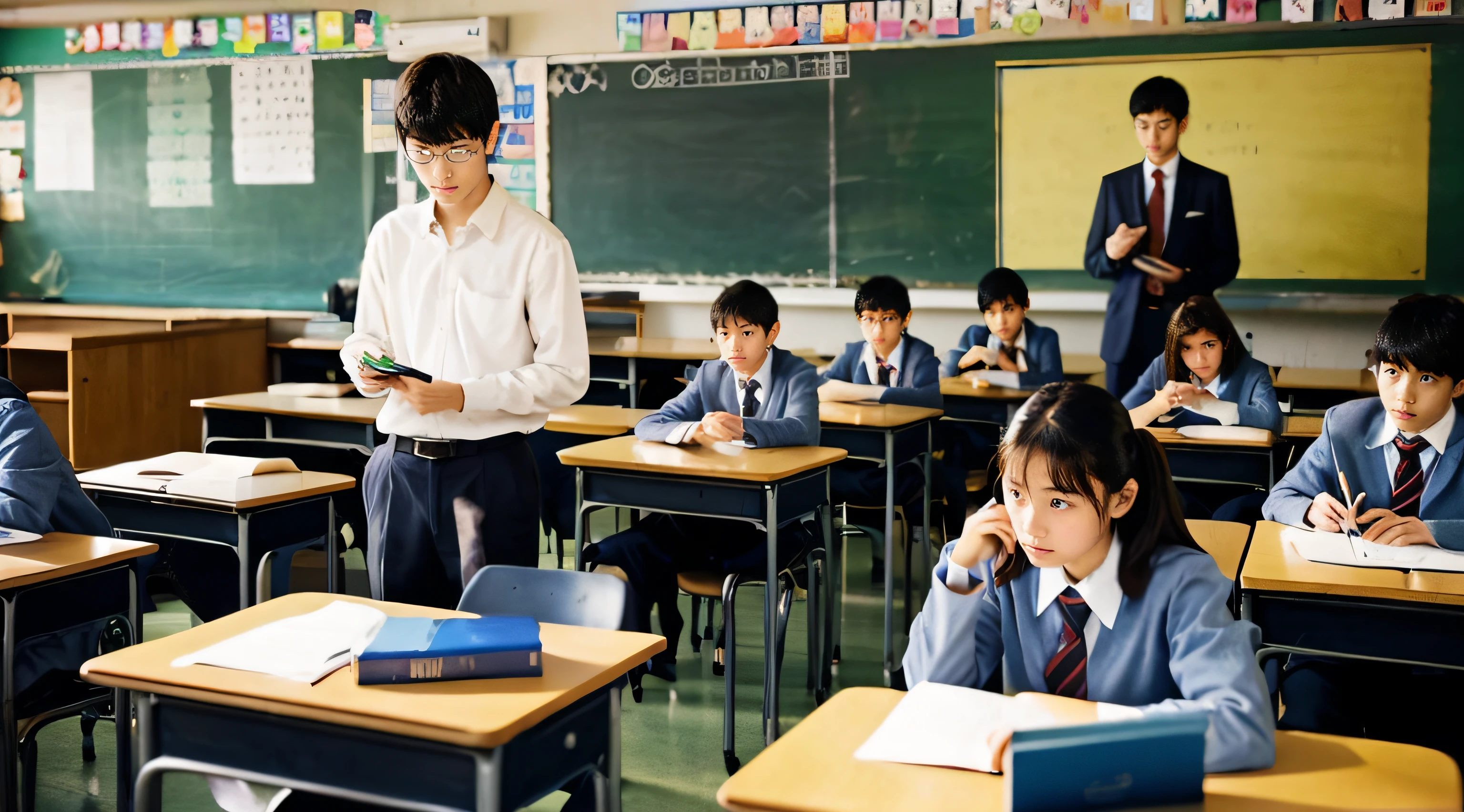 highschool、‎Classroom、In class、Male student solving problems written on the blackboard、Male teacher watching、high-level image quality、high-detail、