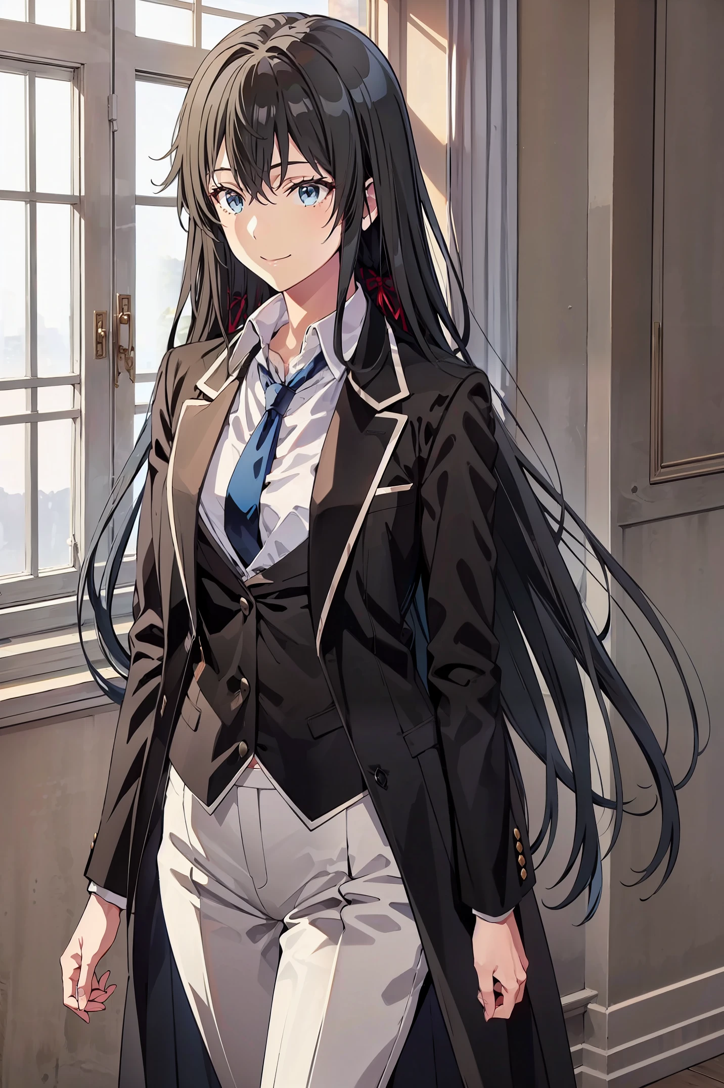 Yukinoshita yukino ,woman in formal attractive tailcoat standing in a large alcove in the room , 1girl, solo, blue necktie, black hair, blue eyes, long hair, smile , collared shirt, white pants, white shirt , tailored tailcoat elegant , standing in front of a window ,tailcoat tailored to elegant crafted from the lustrous fabric