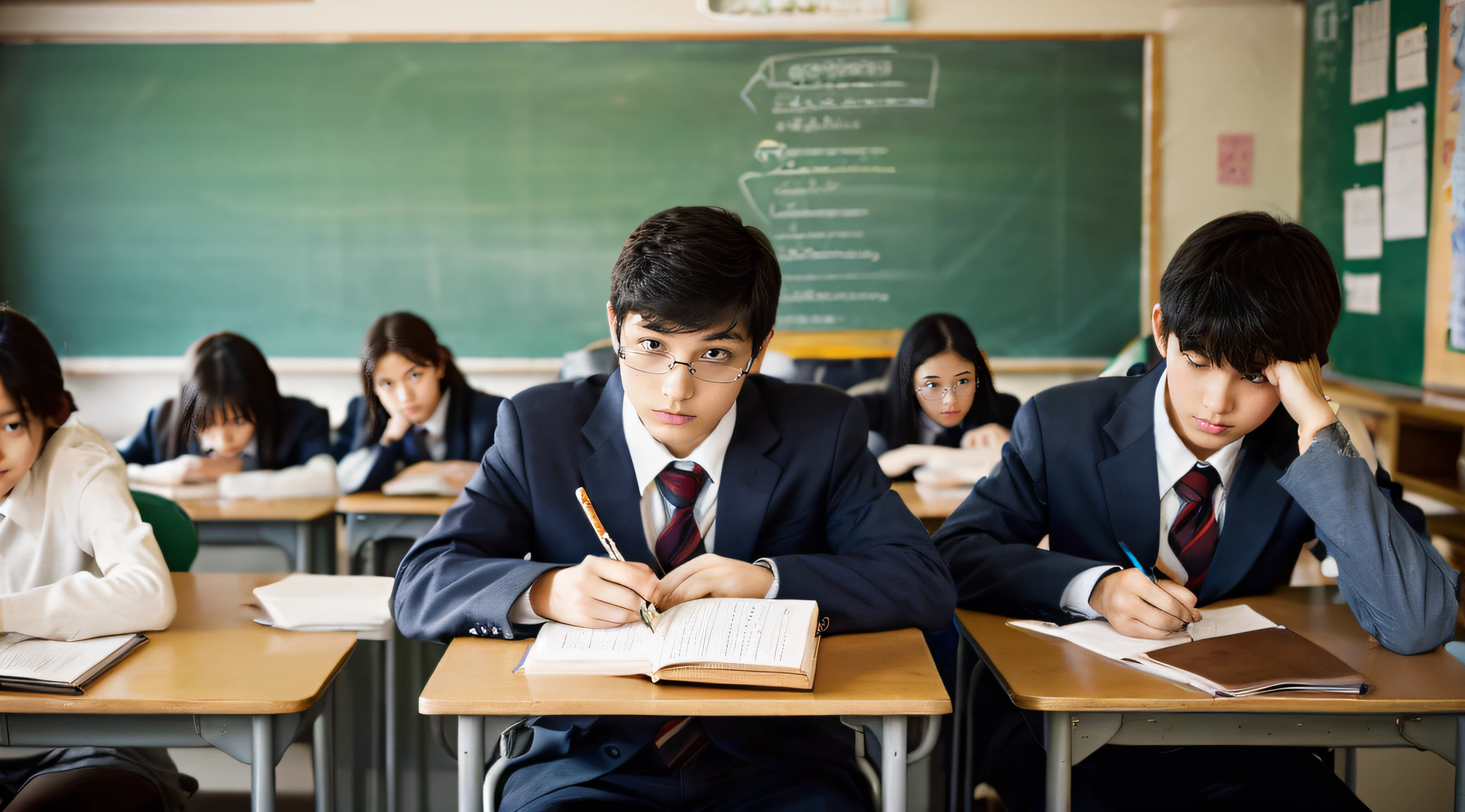 highschool、Classroom、In class、Male student solving problems written on the blackboard、Middle-aged male teacher watching over、high-level image quality、high-detail、