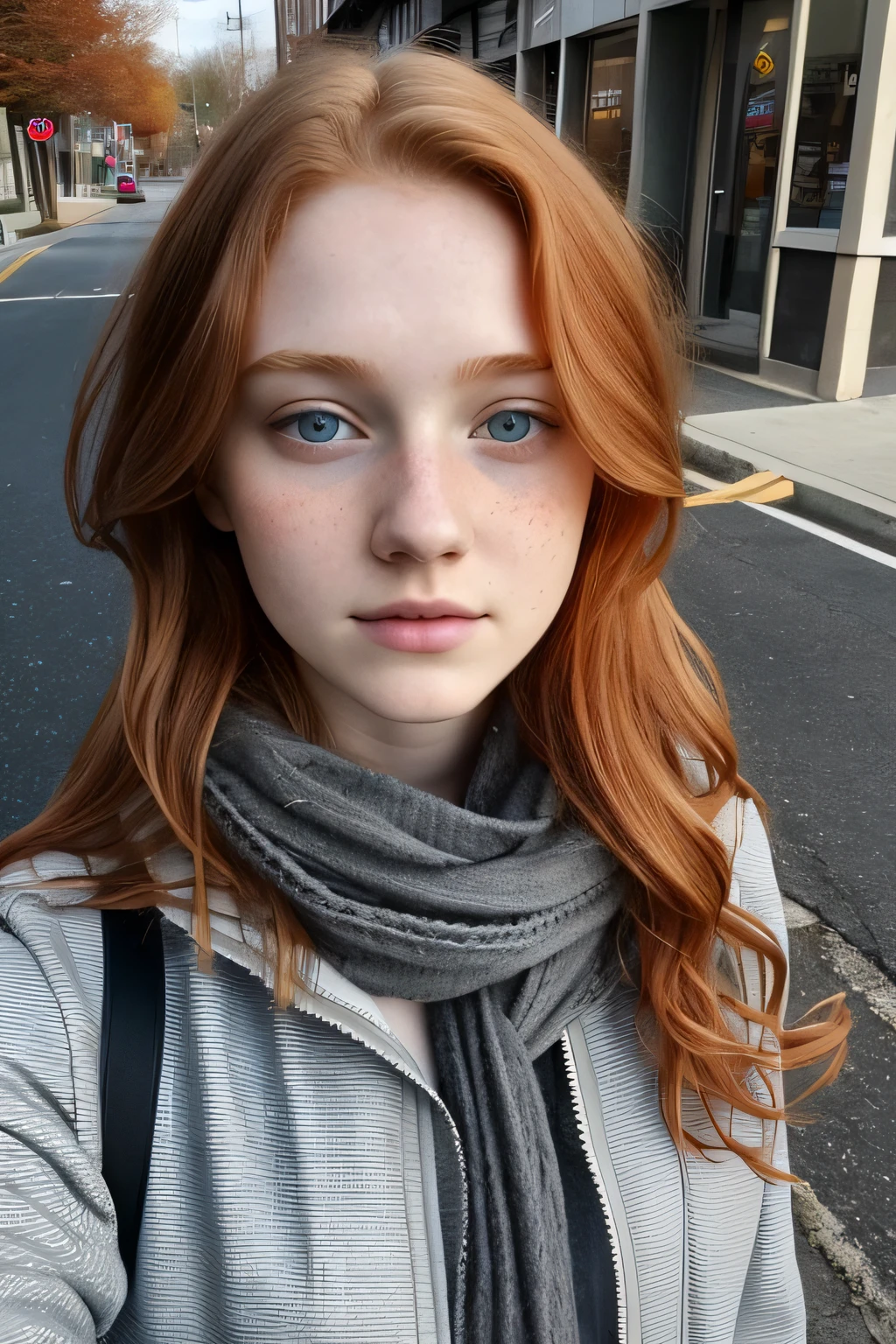 1girl in, age19, Solo, Aesthetic artwork, irish, wavy ginger hair, shoulder length hair, gray eyes, light grey eyes, pale skin, runners body, (textured skin, skin pores:1.1), goosebumps, taking a selfie while walking downtown, wearing a jacket and scarf