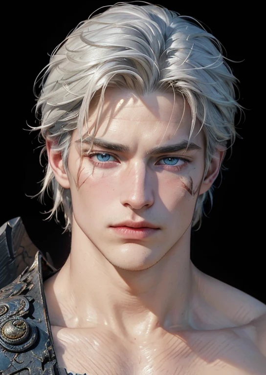 (Portrait of a man), 29 year old, white hair, a knight, a little stern, masculine face, roman nose, vivid blue eyes, (((large faded scar over right eye))), hyper realistic, curtain hairstyle, heroic, black armor, frost forest background, realistic, detailed and correct facial structure, johan liebert mixed with dante, handsome, attractive, slightly muscular, cinematic lighting, unreal engine, intricate details, masterpiece, best quality, by Irakli Nadar, Greg Rutkowski, (((best quality))),(((ultra detailed))),(((masterpiece)))