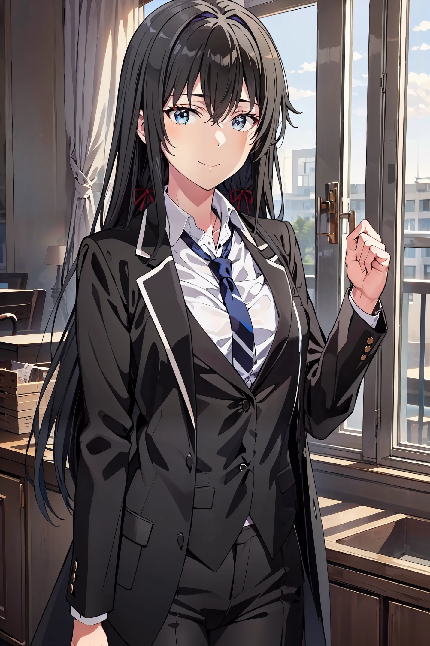 Yukinoshita Yukino ,A woman wearing a formal, attractive coat stands in a large gap in the room , 1girl, 独奏, blue necktie, Black hair, eyes blue, long  hair, smile , collared shirt, white pants, white shirt , Elegantly designed coat , Stand in front of the window ,Elegantly designed tailcoat made of shiny fabric