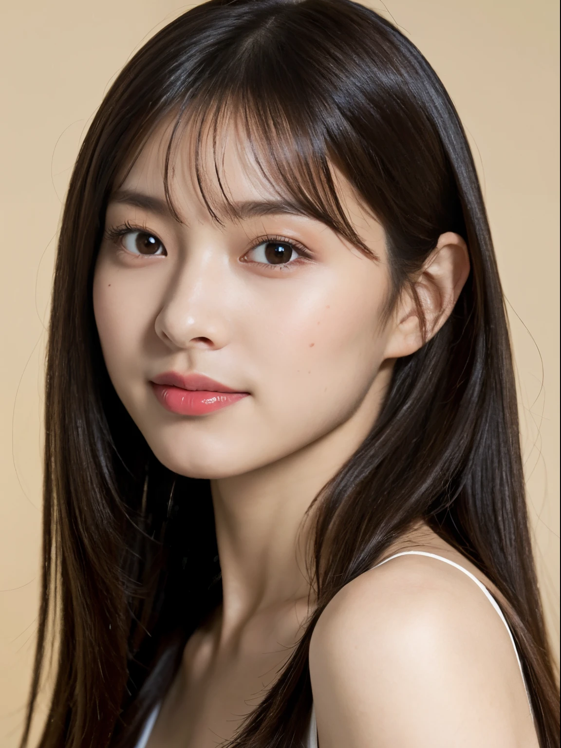 (8K, highest quality, Masterpiece: 1.2), super detail, super resolution, (photorealistic, photorealistic photo: 1.37), portrait, high definition RAW color photo, professional photo, high definition and beautiful, high definition, 8K Image wallpaper, amazing details, huge file size, high detailed beautiful girl, super detailed face, very detailed eyes, very detailed skin, very detailed fingers, very detailed nose, very Detailed detailed mouth, perfect anatomy, tight background, 1 girl, (20:1.2), 20 generations, cute girl, realistic body, glowing skin, slim body, black hair, cute, cute face, lively face, delicate eyes, source order, looking at camera, ((front facing)), (fair skin), waist shot, bangs, round face, smile, hotel room background,