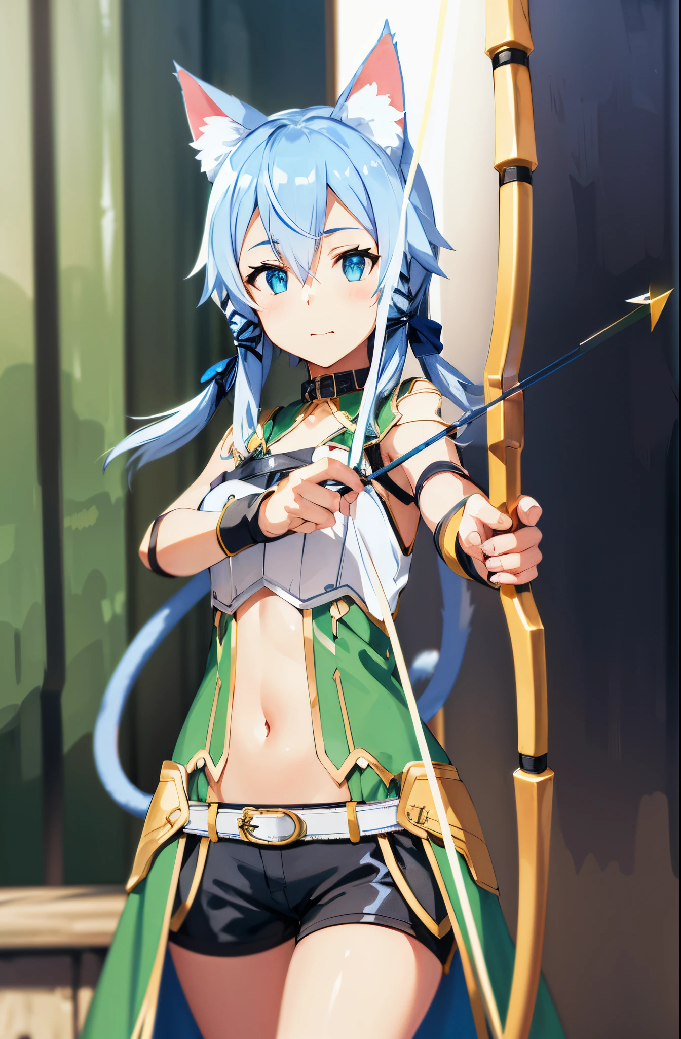 ​masterpiece, top-quality, hight resolution, 1girl in, sinon1, Animal ears, Blue-haired, Green Long Dress, Black shorts, Open Previous, Silver breastplate, Cat tail,(Hold a bow and arrow:1.3), bbw, Cool Face, (cowboy  shot:1.3)