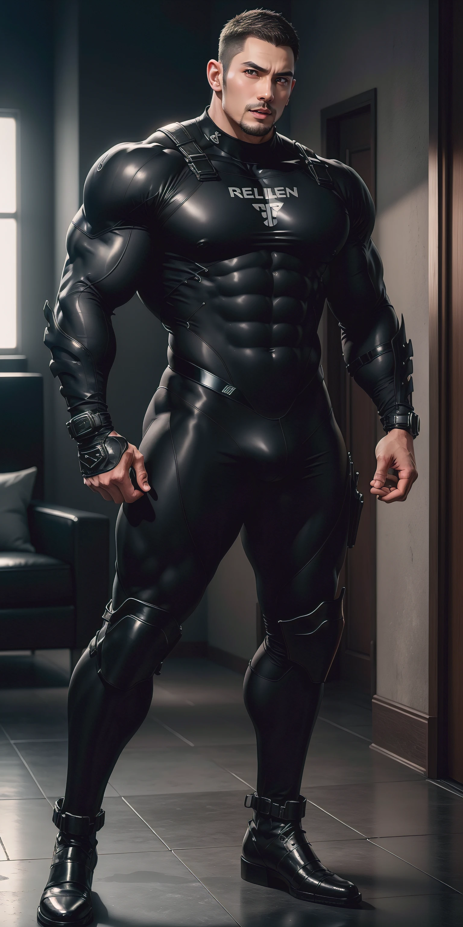 A tall muscular man stands on the wall with his mouth open，He opened his mouth wide，character  design（Resident Evil - Chris Redfield，Chris Redfield）Wearing a shiny dark gray wetsuit，The whole body is wrapped，High-end leather texture，Regular symmetrical texture pattern，standing in a fancy bedroom, Comfortable and soft large sofa，expression sad，The male protagonist with a deep and charming brown pupil in his right eye，heroic masculine pose，Tall and burly，Muscular！Sexy and attractive leg muscles，tall, Burly, and strong， Wearing a shiny dark gray wetsuit， Super gain and cool， commission for high resolution， Big feet in dark gray boots，Charming strong man，Bright sunlight shines on the body，Reflective and shiny