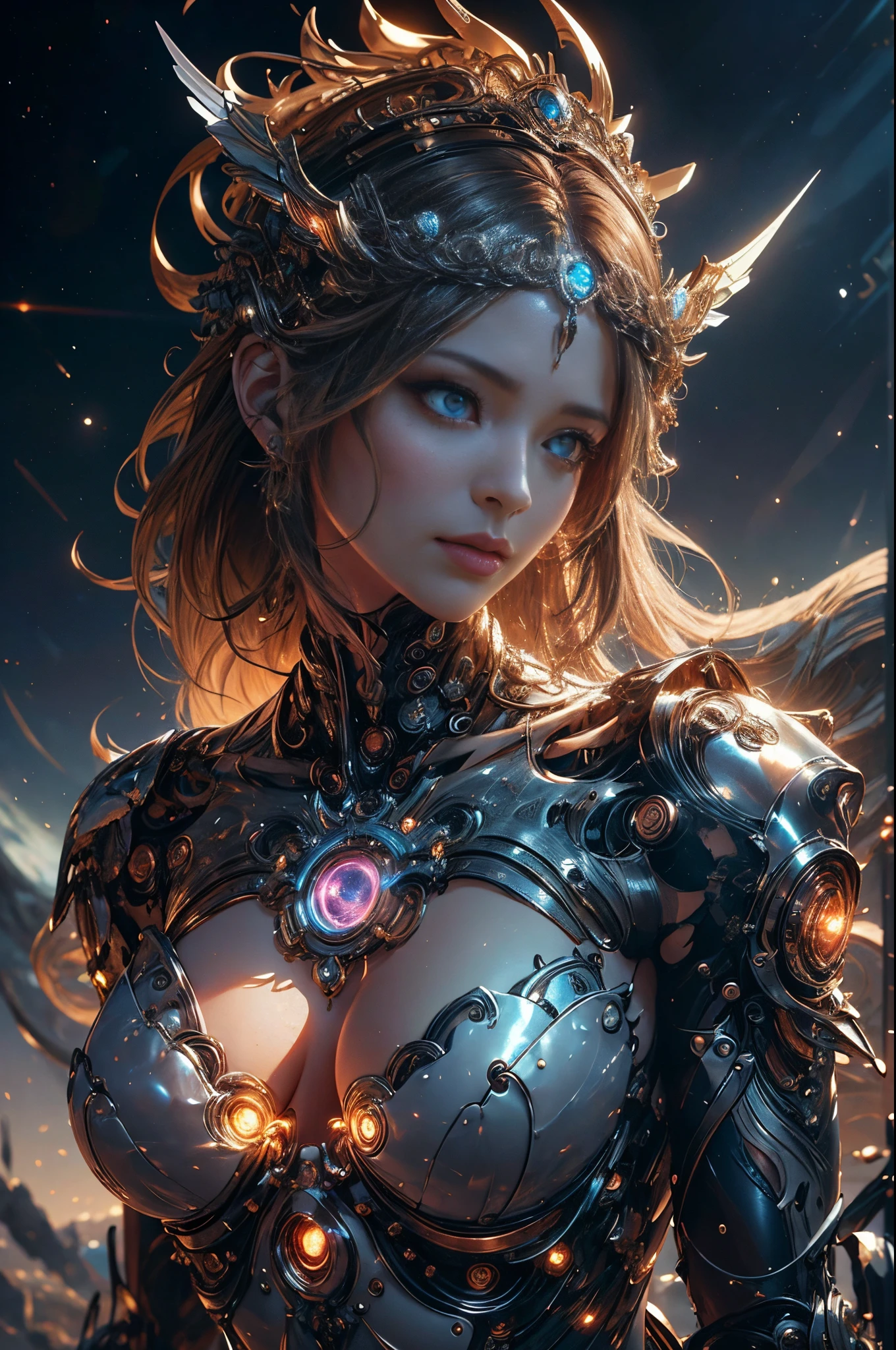 intricate ornate anime cgi style, super detailed fantasy characters, 4K highly detailed digital art, karol bak uhd, cyborg goddess in cosmos, beautiful digital works of art, 2. 5 d cgi anime fantasy artwork, Goddess. extremely high detail, portrait of cyborg queen, extremely detailed goddess shot, Half body machine, Inorganic, Next generation high performance cyborg, Goddess of Machines, Perfect cyborg, Best Quality, Perfect Angle, perfect-composition, sharp outline, Best Shots, perfect shapes, perfect model style, Very beautiful and detailed eyes, Hollow eyes