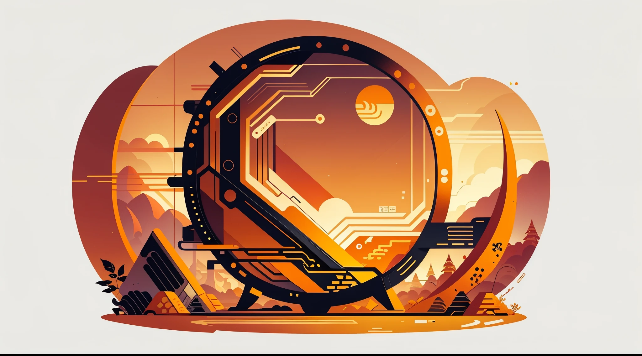 Autumn!Wallpaper illustration,Nature views, minimalist illustration, a line drawing, Colorful,Chinese elementig golden gradient bright gold orange "福" in the middle,By Chinese Cyberpunk,Ancient Chinese Cyberpunk,Circuit diagram drawn with golden stripes