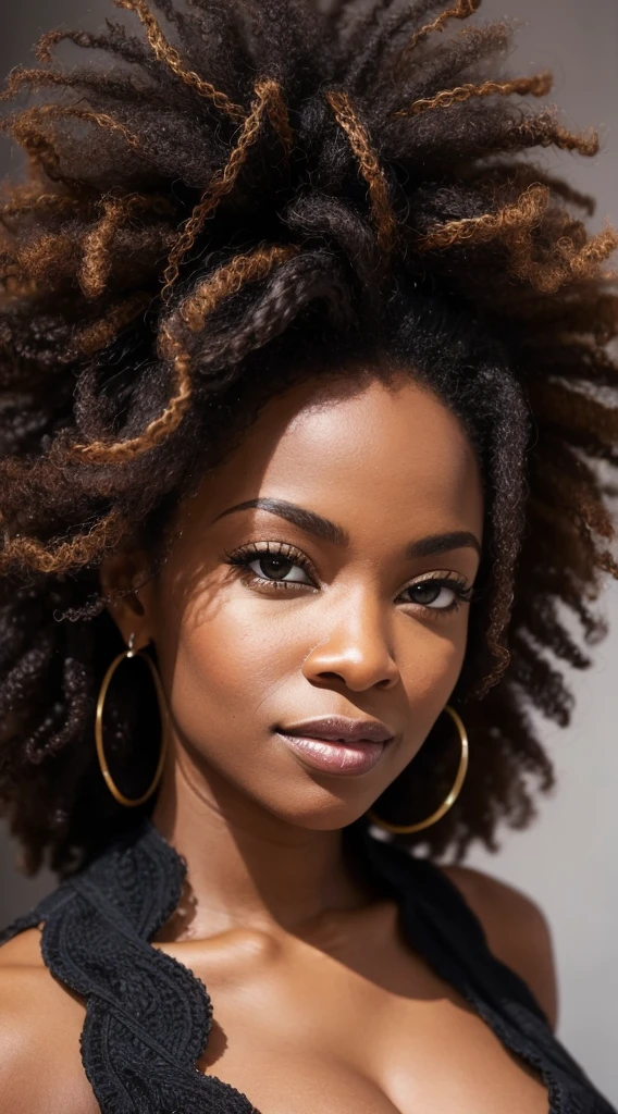 Closeup photo portrait of Mystelle Mcdowell a very sexy ebony woman from Cleveland, very light-skinned, very long afro-textured hairstyle