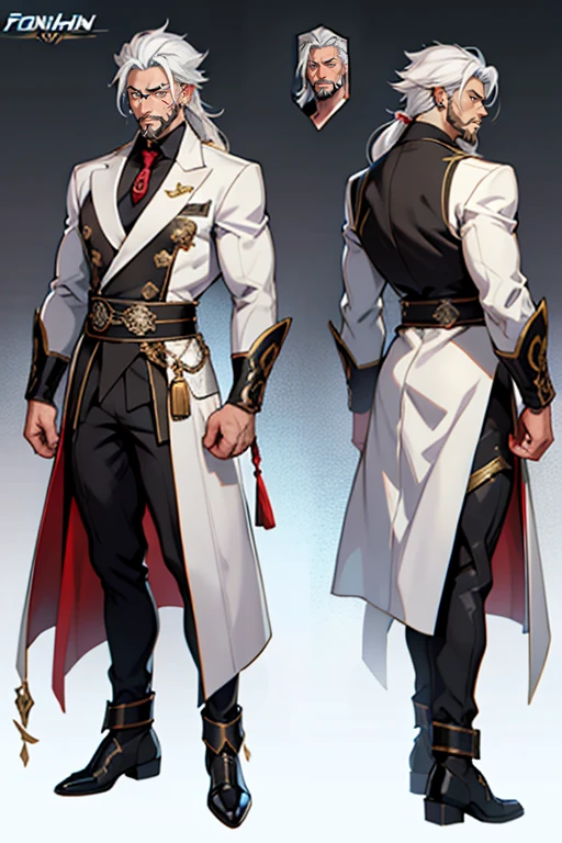 dark skin man, male, black eyes, white hair, long hair, anime style, 4k image, full body, holographic background, Character sheet, Handsome male. Perfect face, 6 ft 5 tall middle aged man. White hair. Long hair. Grey eyes. Beard. Eyepatch. Earrings. Toned body. Muscular male, character design sheet，full bodyesbian, Full of details, body front view, body back view,  Full body, muscle body, Formal Fantasy clothes. Genshin Impact. Hydro vision. Bulge in pants. Fontaine, ((Masterpiece, Highest quality)), Detailed face, character design sheet， full bodyesbian, Full of details, frontal body view, back body view, Highly detailed, Depth
