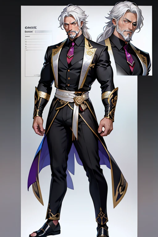 dark skin man, male, black eyes, white hair, long hair, anime style, 4k image, full body, holographic background, Character sheet, Handsome male. Perfect face, 6 ft 5 tall middle aged man. White hair. Long hair. Grey eyes. Beard. Eyepatch. Earrings. Toned body. Muscular male, character design sheet,full bodyesbian, Full of details, body front view, body back view, Full body, muscle body, Formal Fantasy clothes. Genshin Impact. Hydro vision. Bulge in pants. Liyue, ((Masterpiece, Highest quality)), Detailed face, character design sheet, full bodyesbian, Full of details, frontal body view, back body view, Highly detailed, Depth