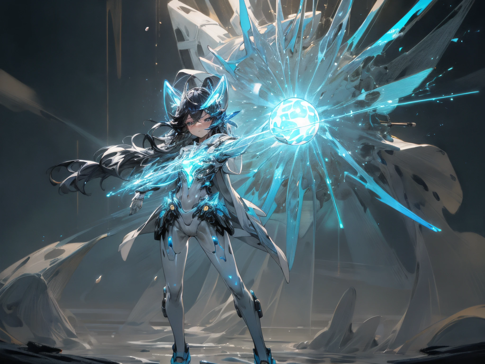 (Cowboy shot),(masterpiece, highest quality: 1.3), (16k, high resolution: 1.3), beautiful girl, mechanical body, transparent skin, cinematic light, bioluminescence, very cute and beautiful korean woman Idol, full body, staring at the viewer, dignified eyes full of determination, holding blue thunder ball and splash around her,
